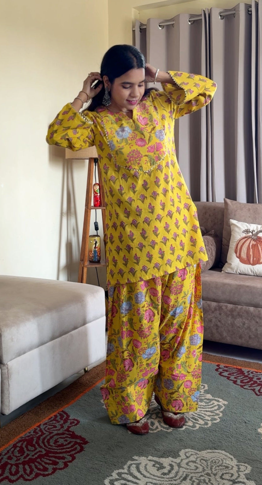 Yellow Printed Cotton Farshi Salwar Set