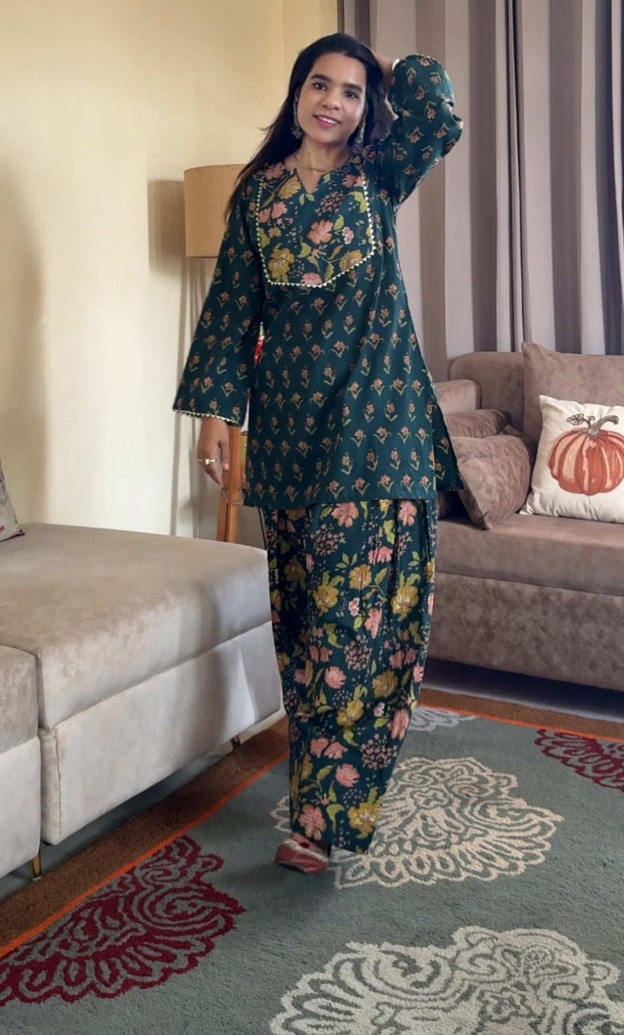 Green Printed Cotton Farshi Salwar Set
