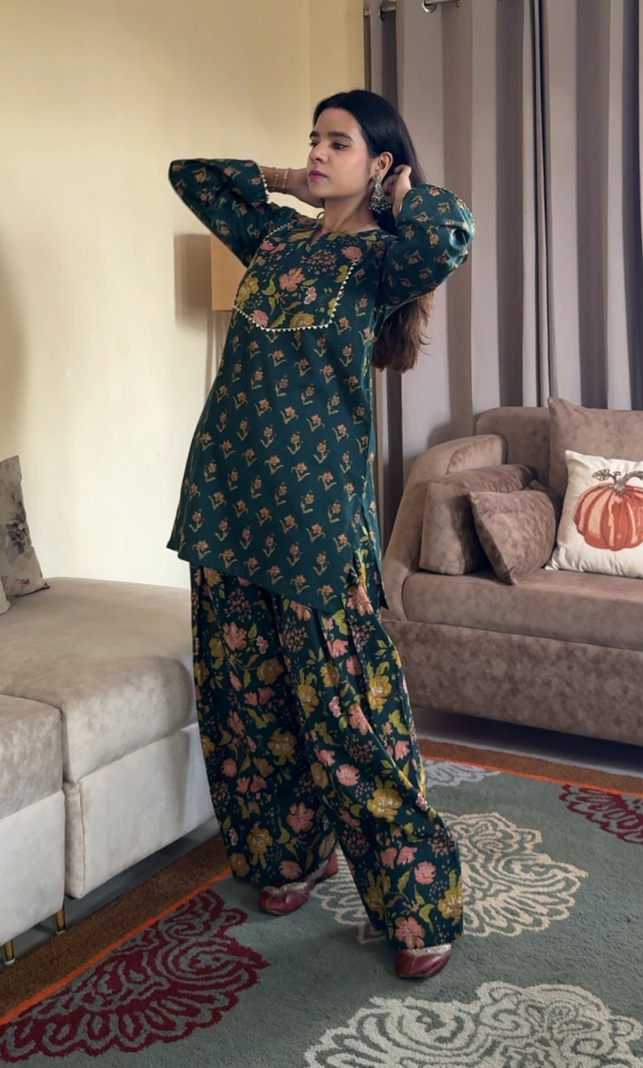 Green Printed Cotton Farshi Salwar Set