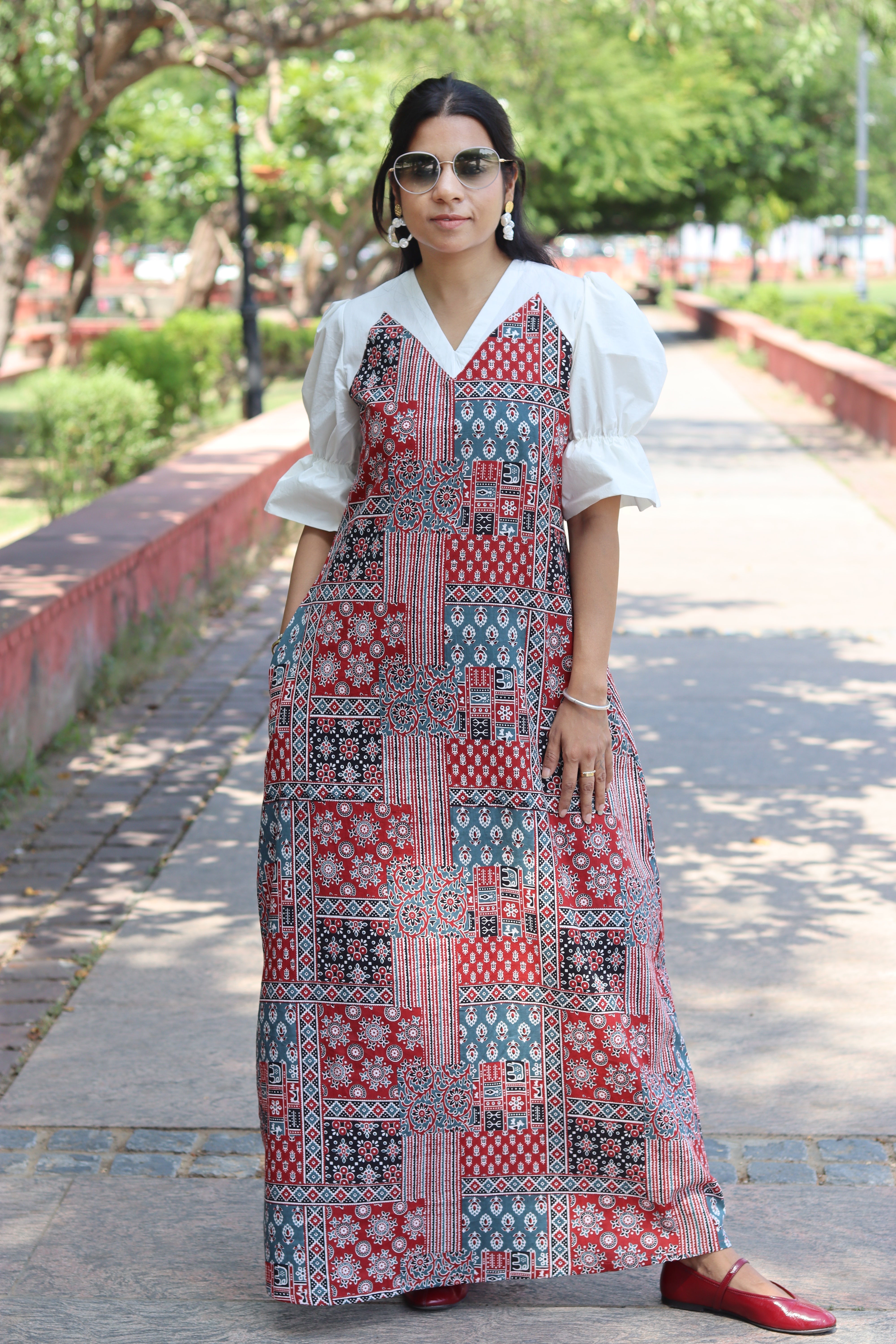 Contrast Patch Long Ajrakh Dress