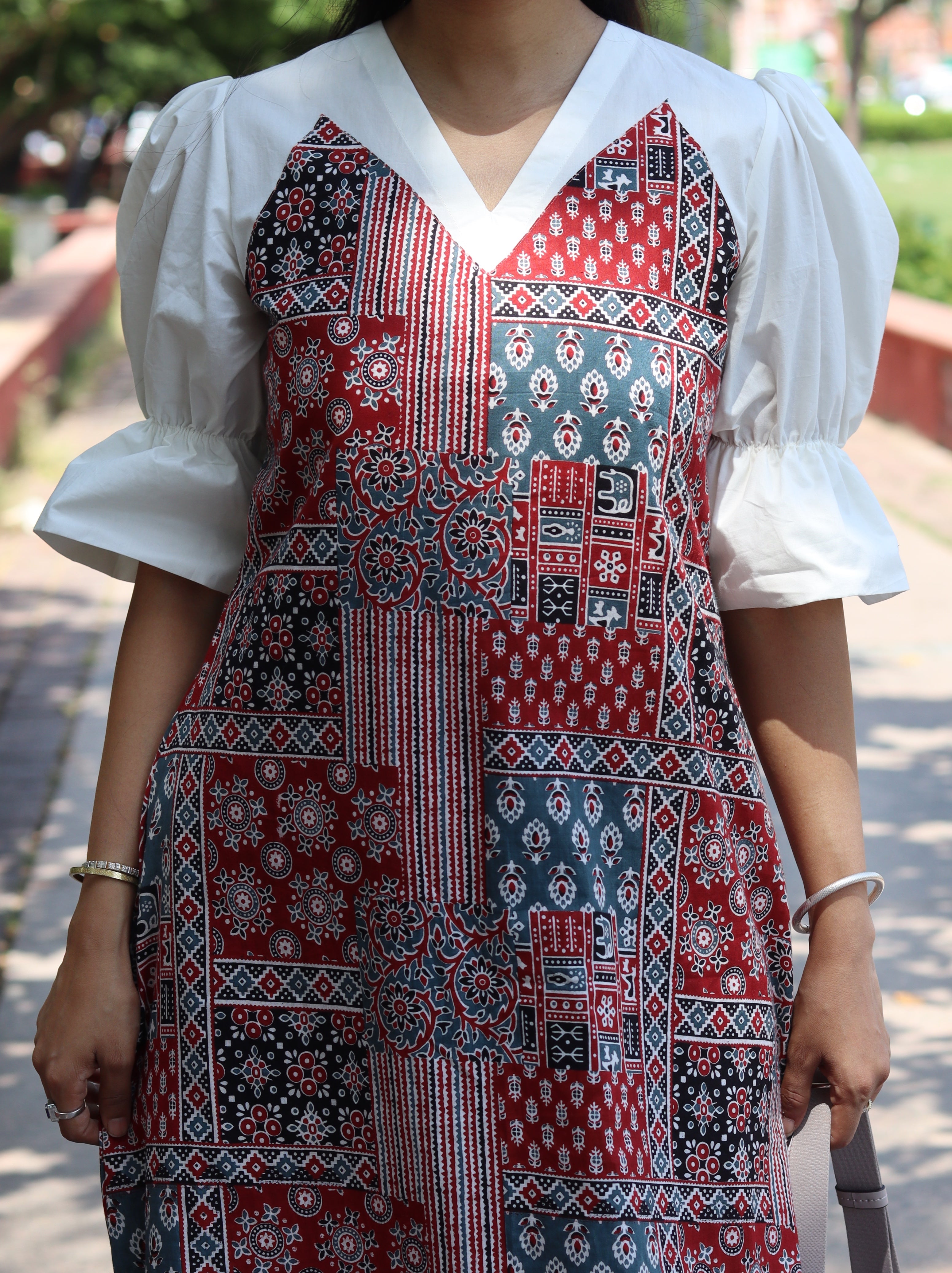 Contrast Patch Long Ajrakh Dress