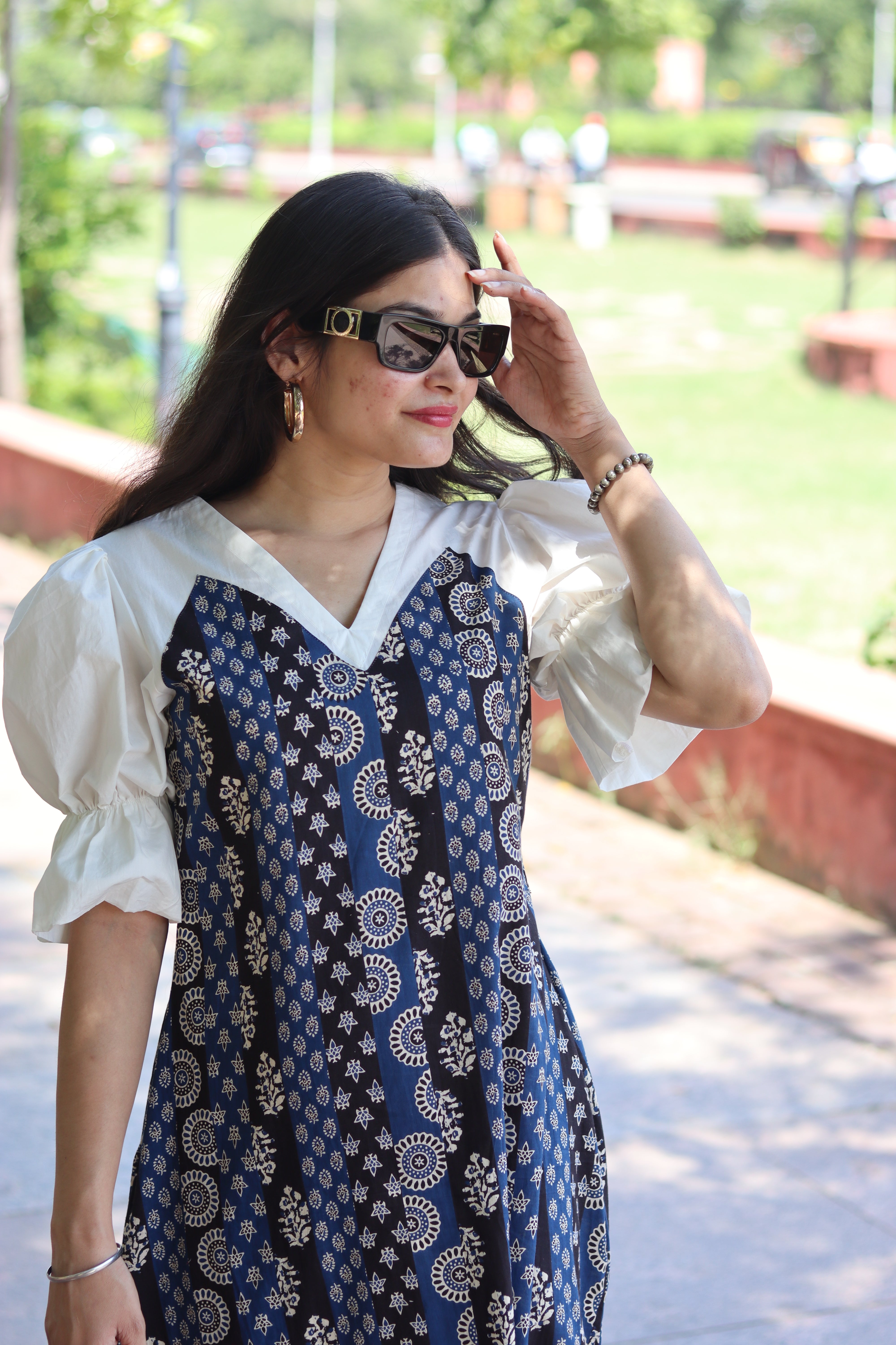 Contrast Patch Long Dress -Black Blue