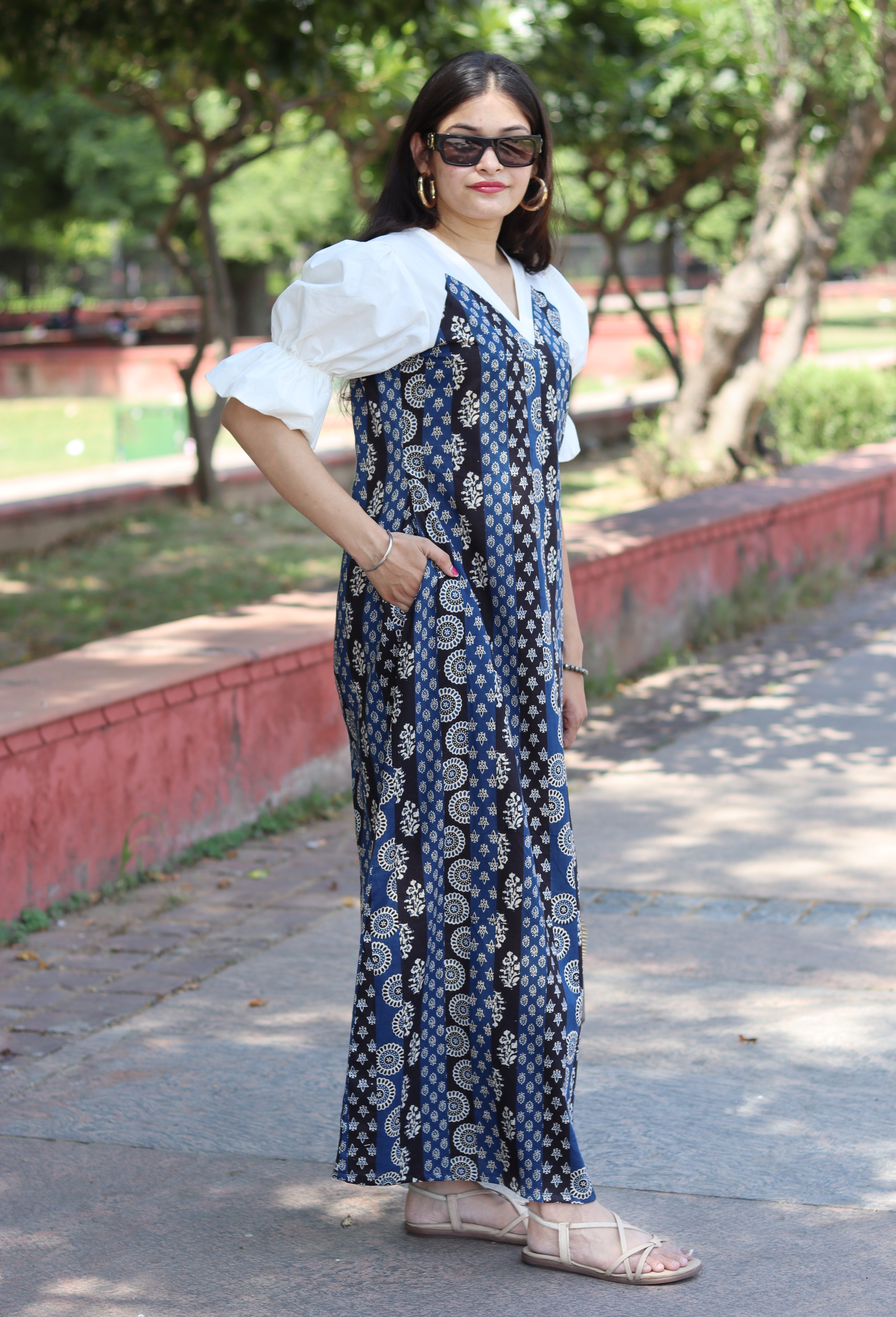 Contrast Patch Long Dress -Black Blue