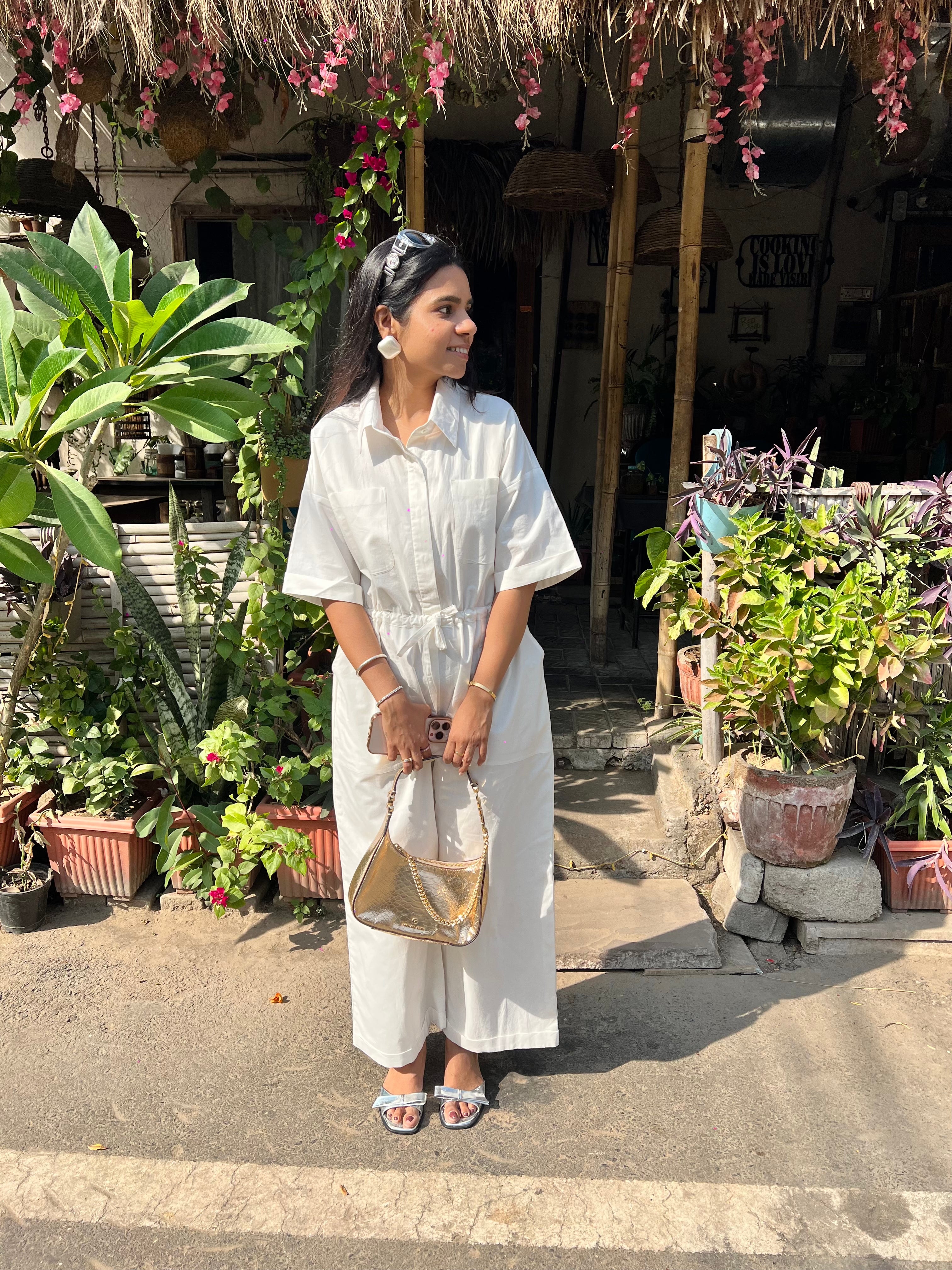 White Cotton Poplin Drawstring Waist Jumpsuit