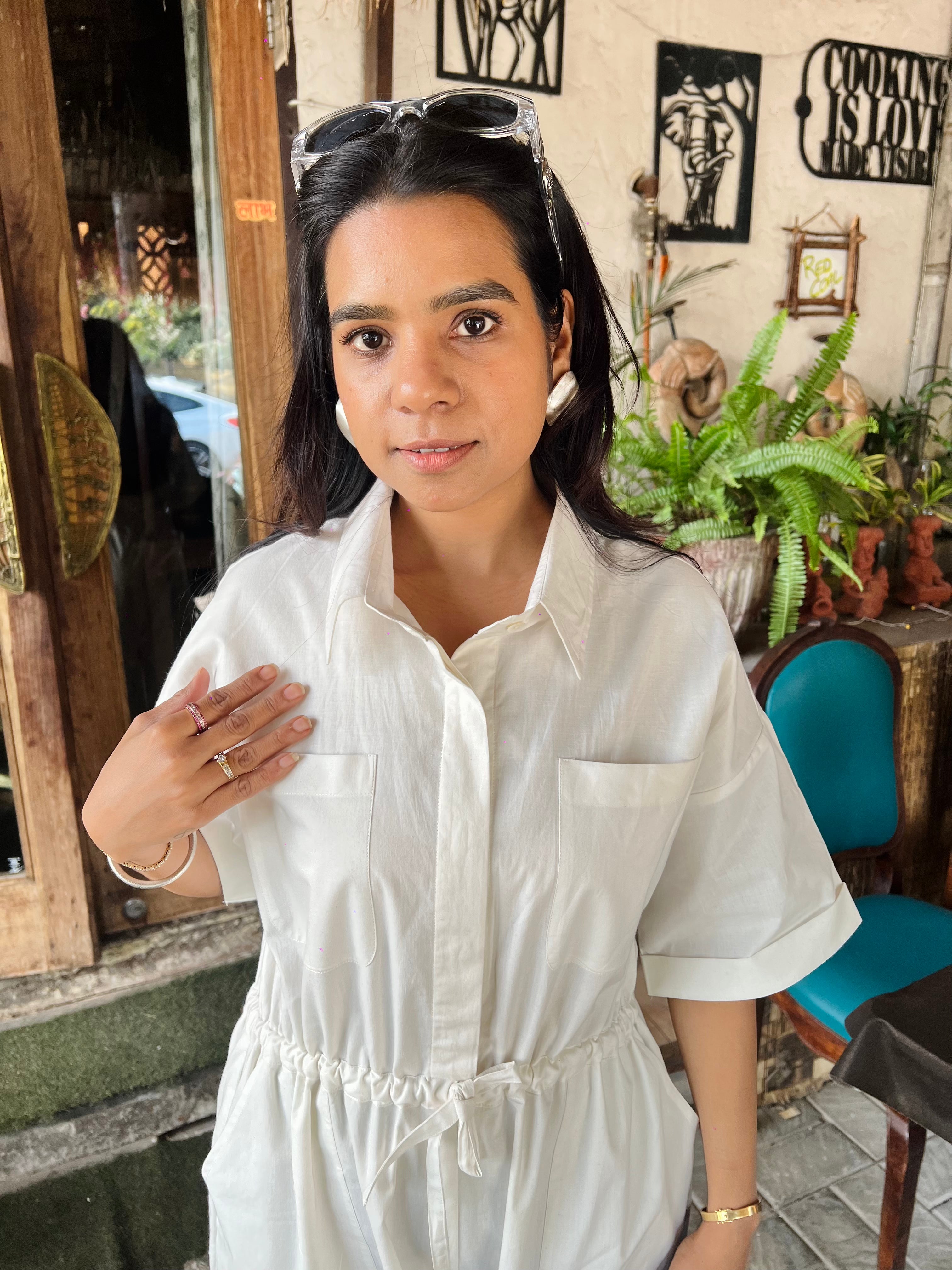 White Cotton Poplin Drawstring Waist Jumpsuit