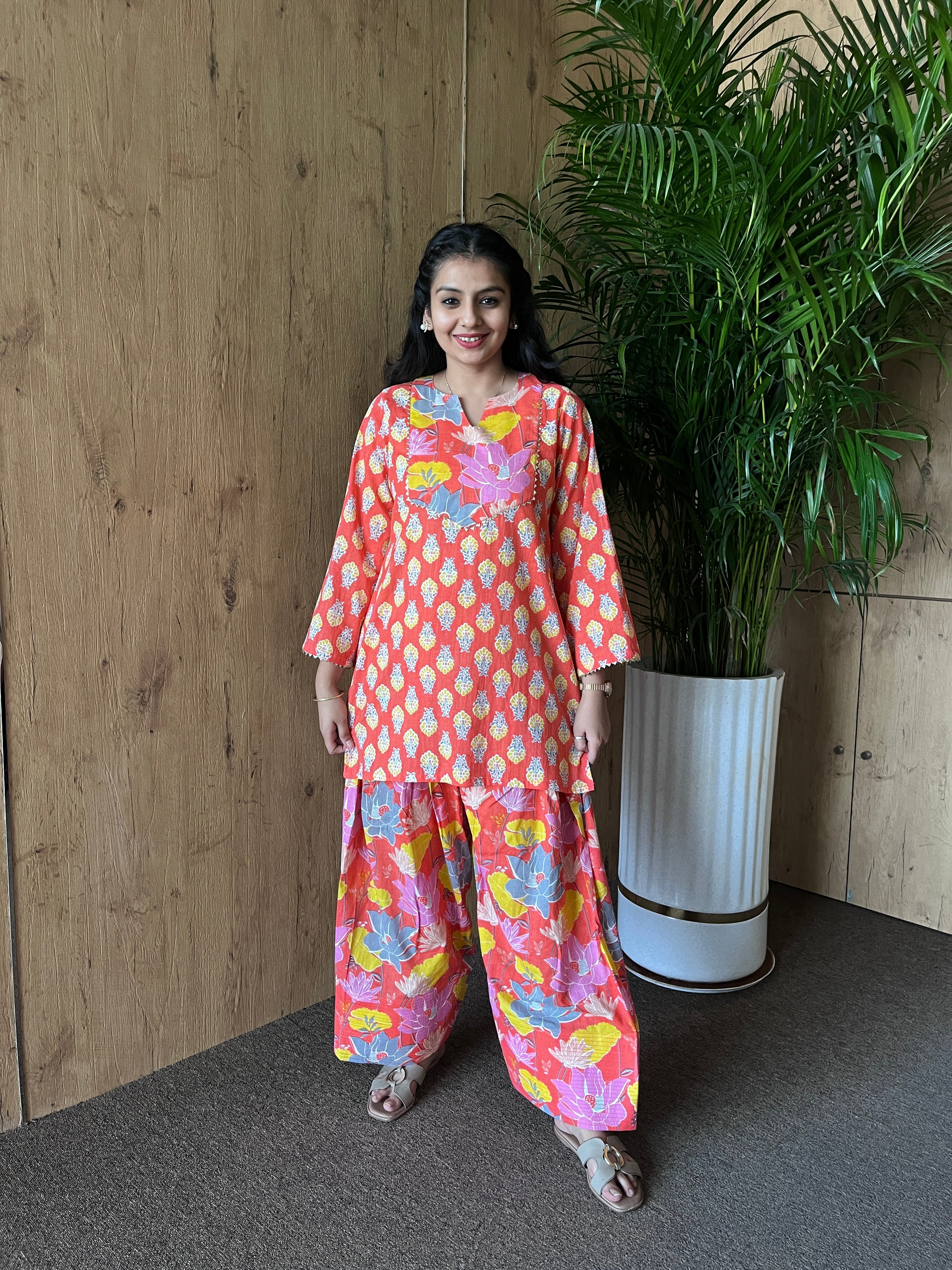Coral Orange Printed Cotton Farshi Salwar Set