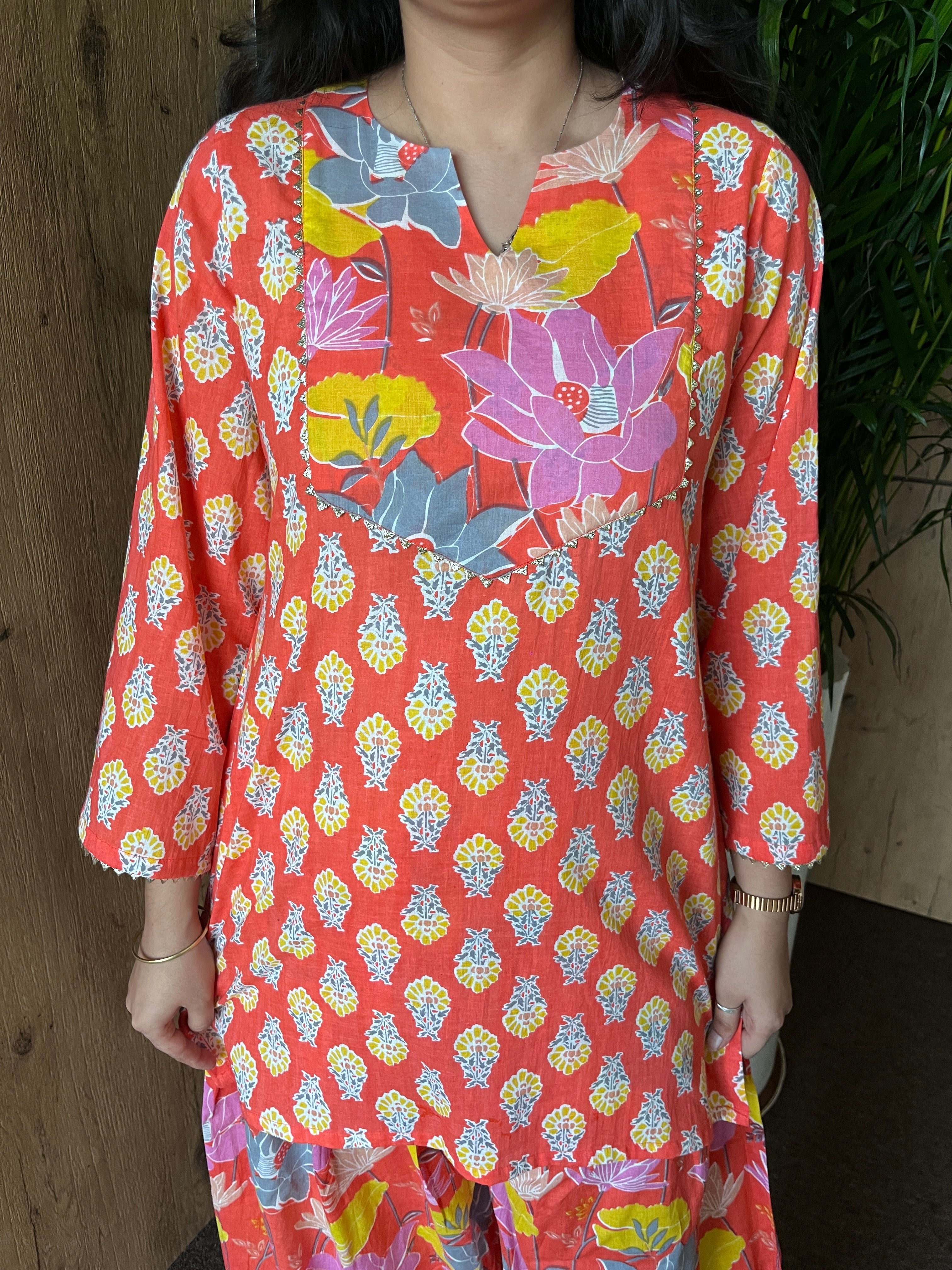 Coral Orange Printed Cotton Farshi Salwar Set