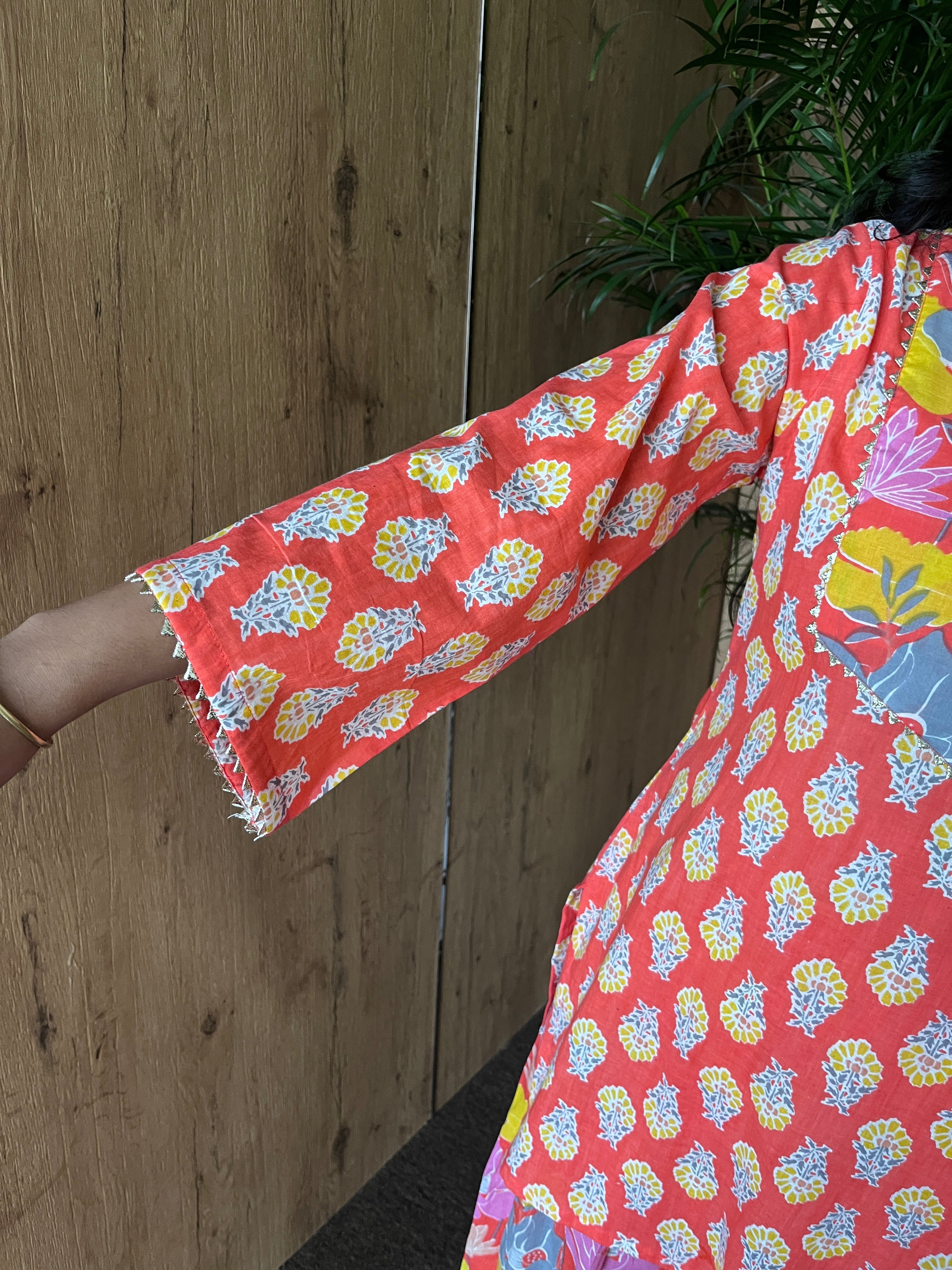 Coral Orange Printed Cotton Farshi Salwar Set