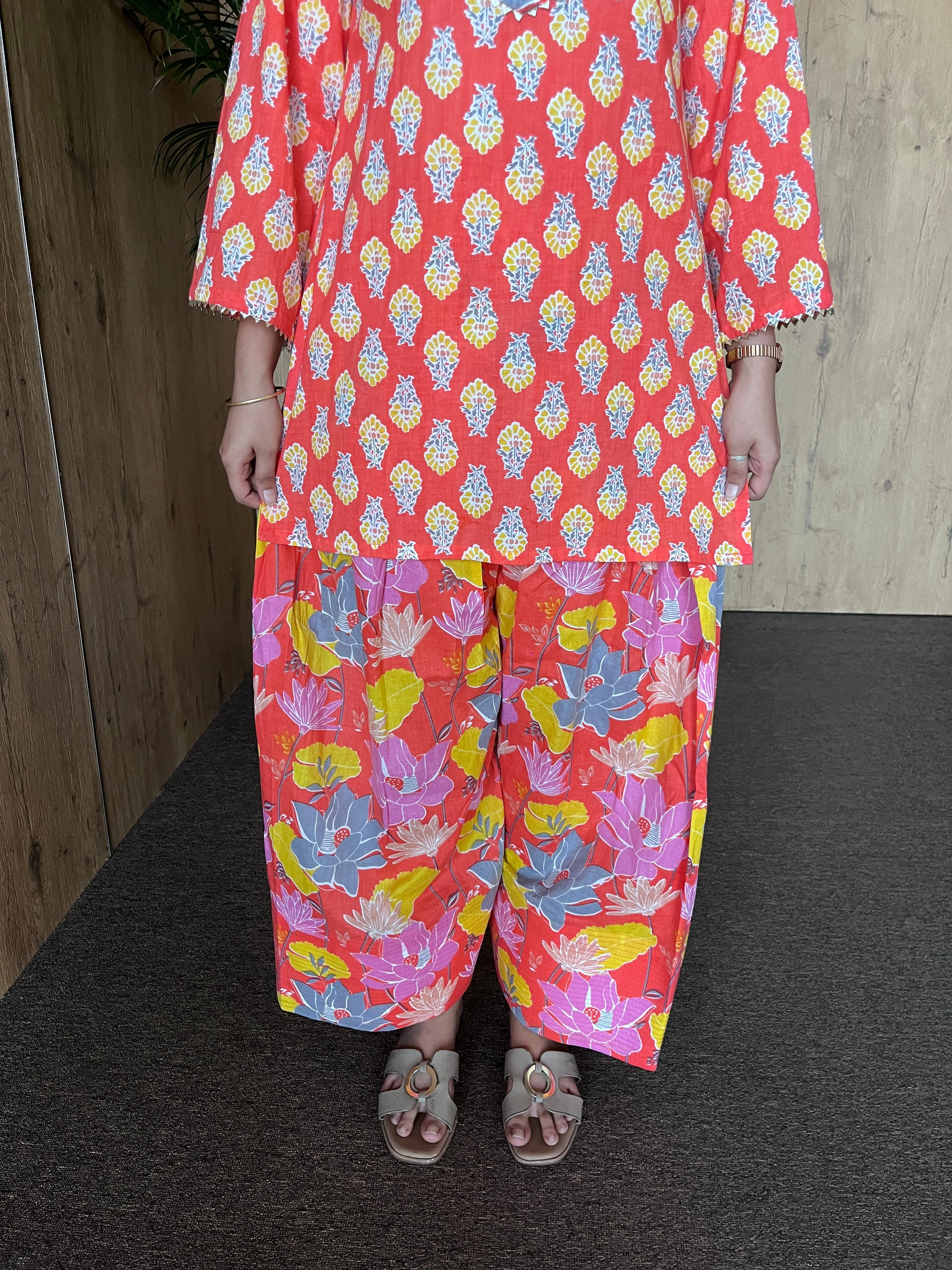 Coral Orange Printed Cotton Farshi Salwar Set