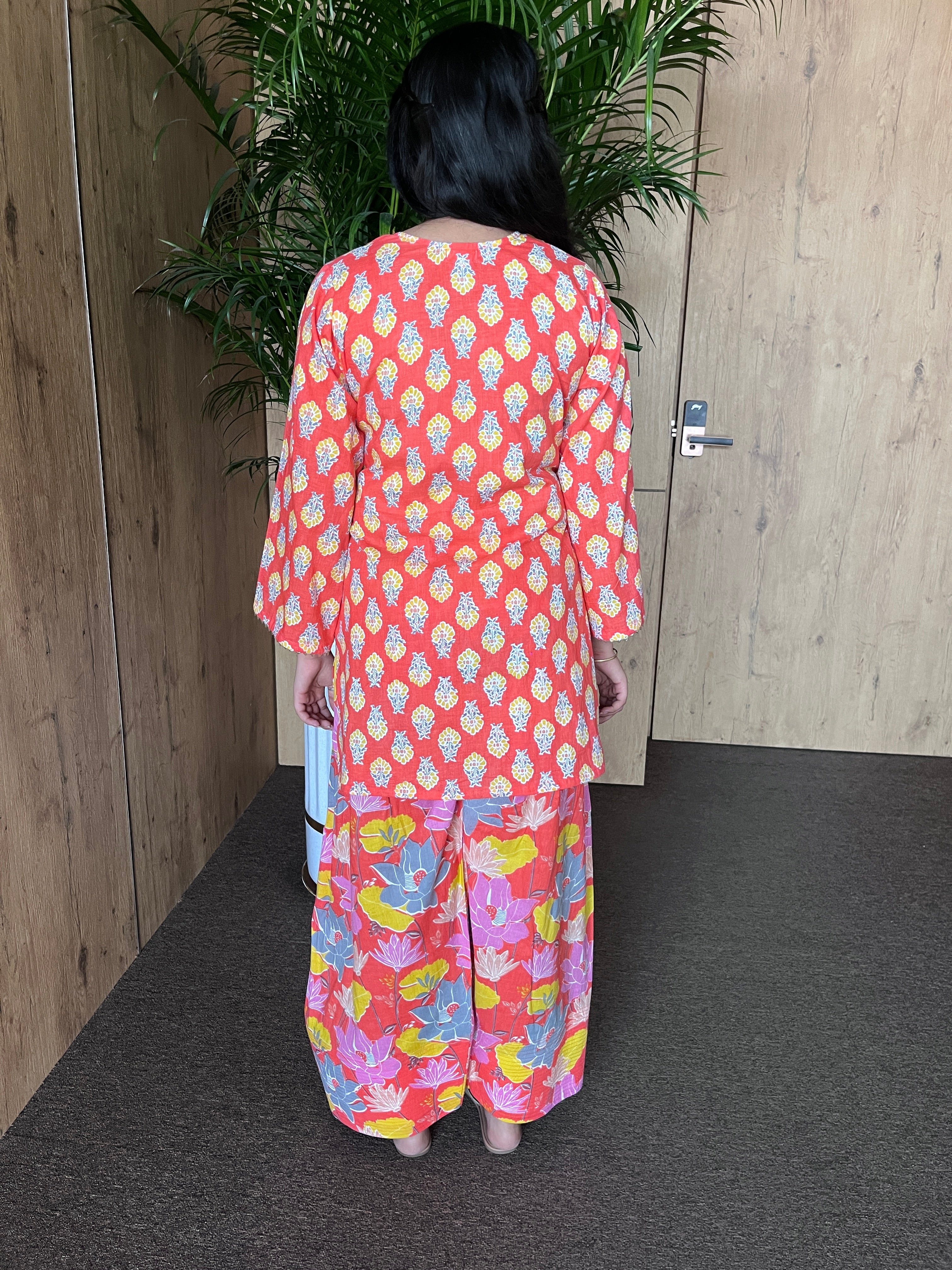 Coral Orange Printed Cotton Farshi Salwar Set