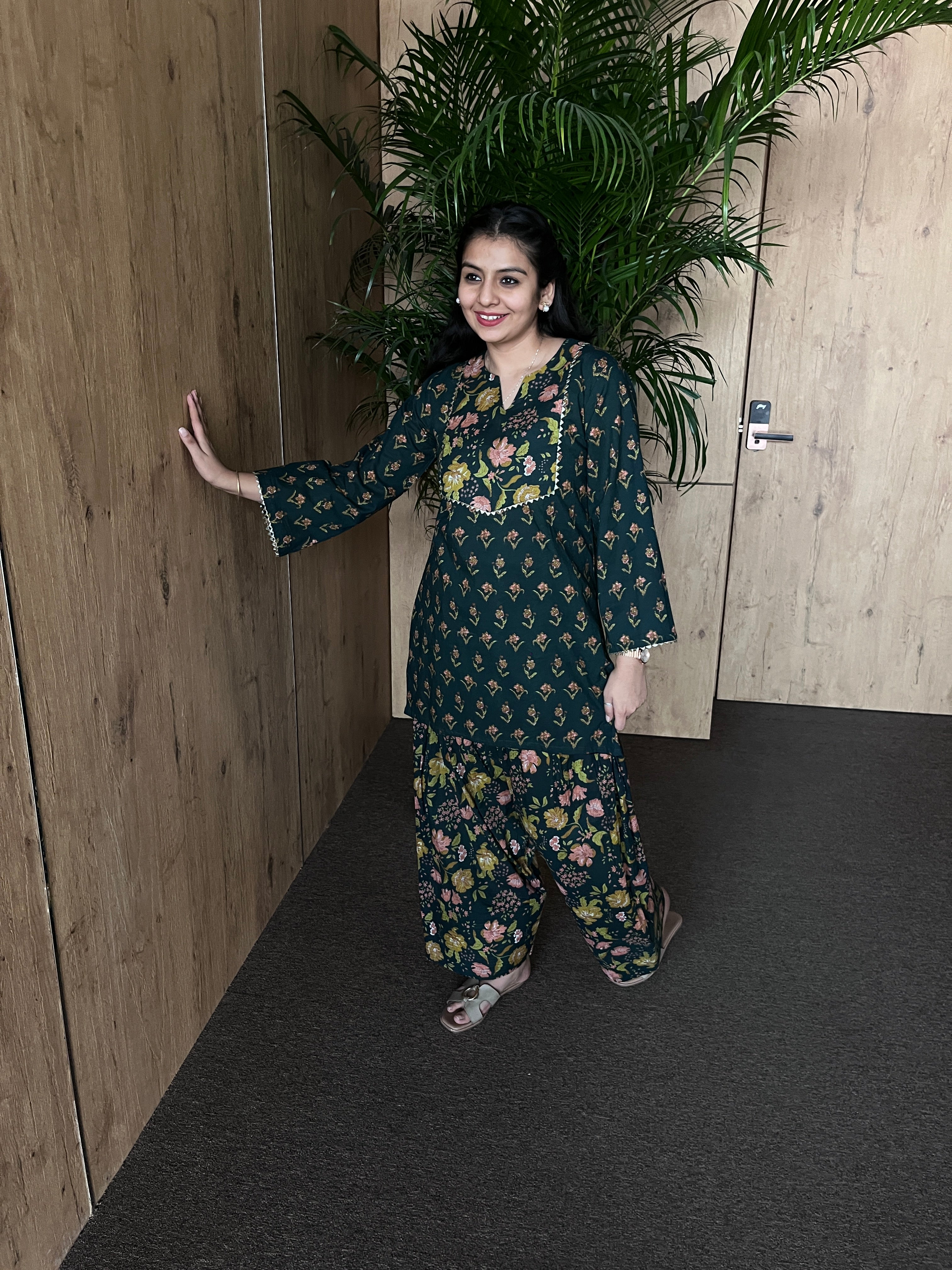 Green Printed Cotton Farshi Salwar Set