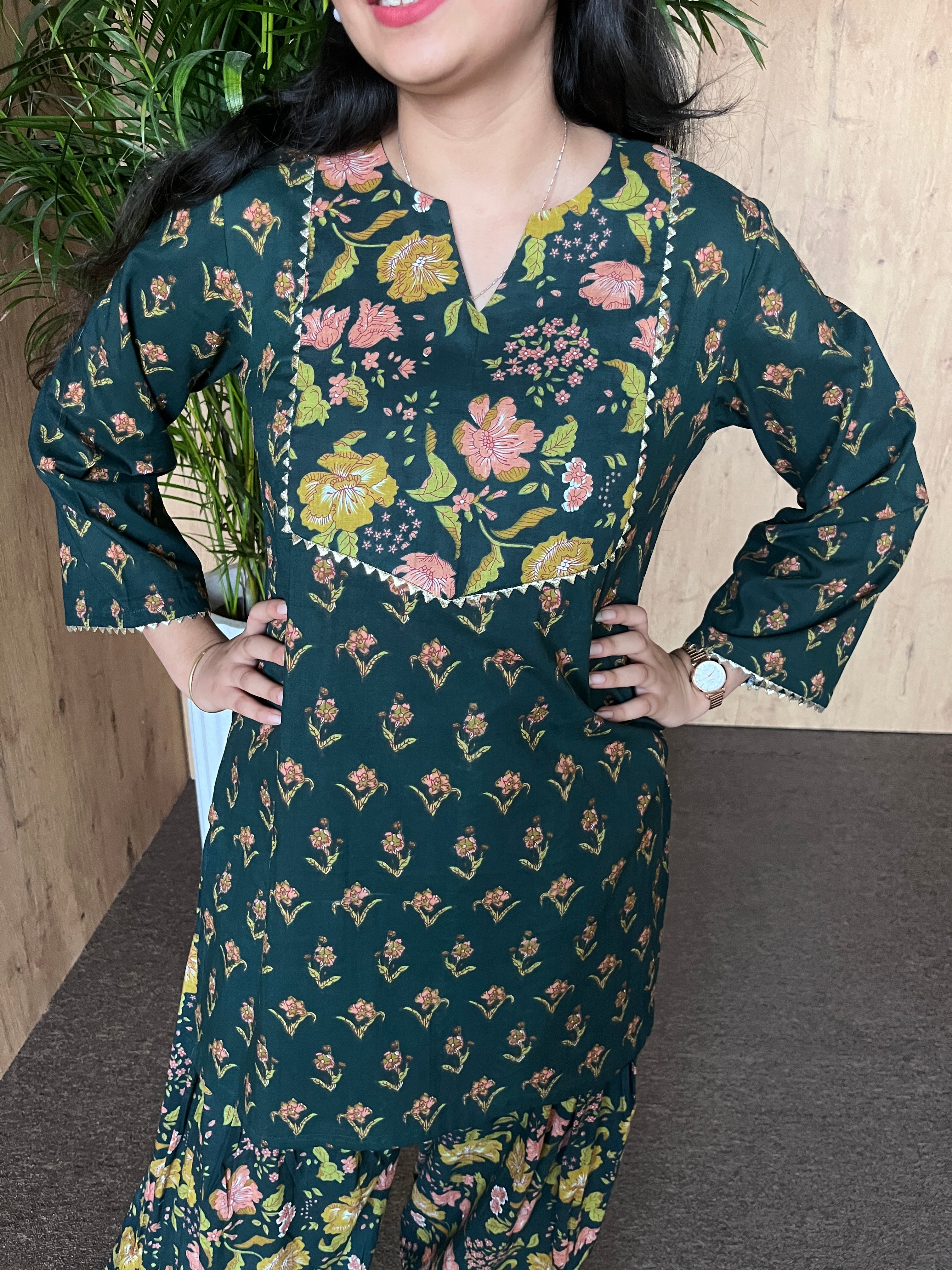 Green Printed Cotton Farshi Salwar Set