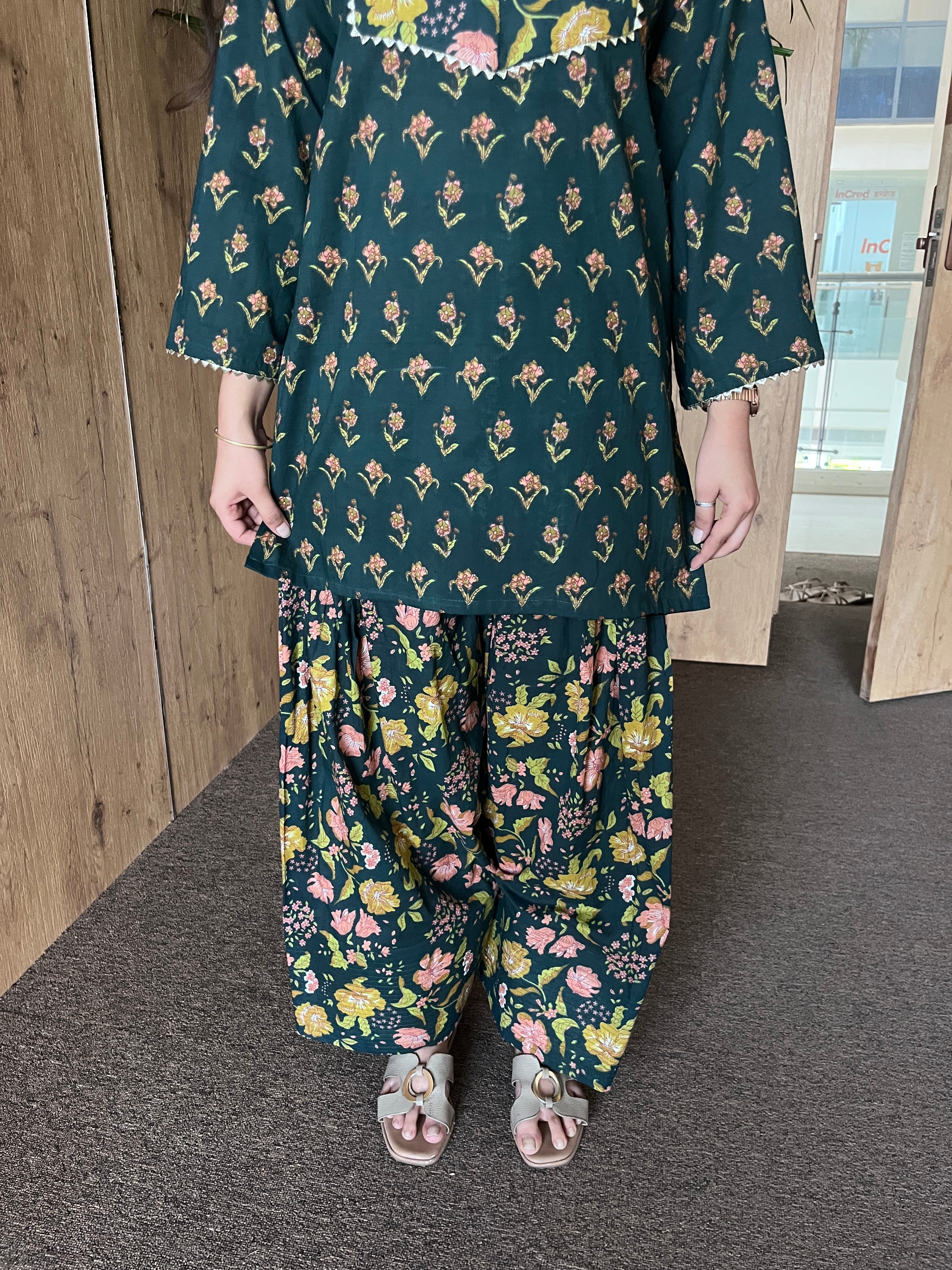 Green Printed Cotton Farshi Salwar Set