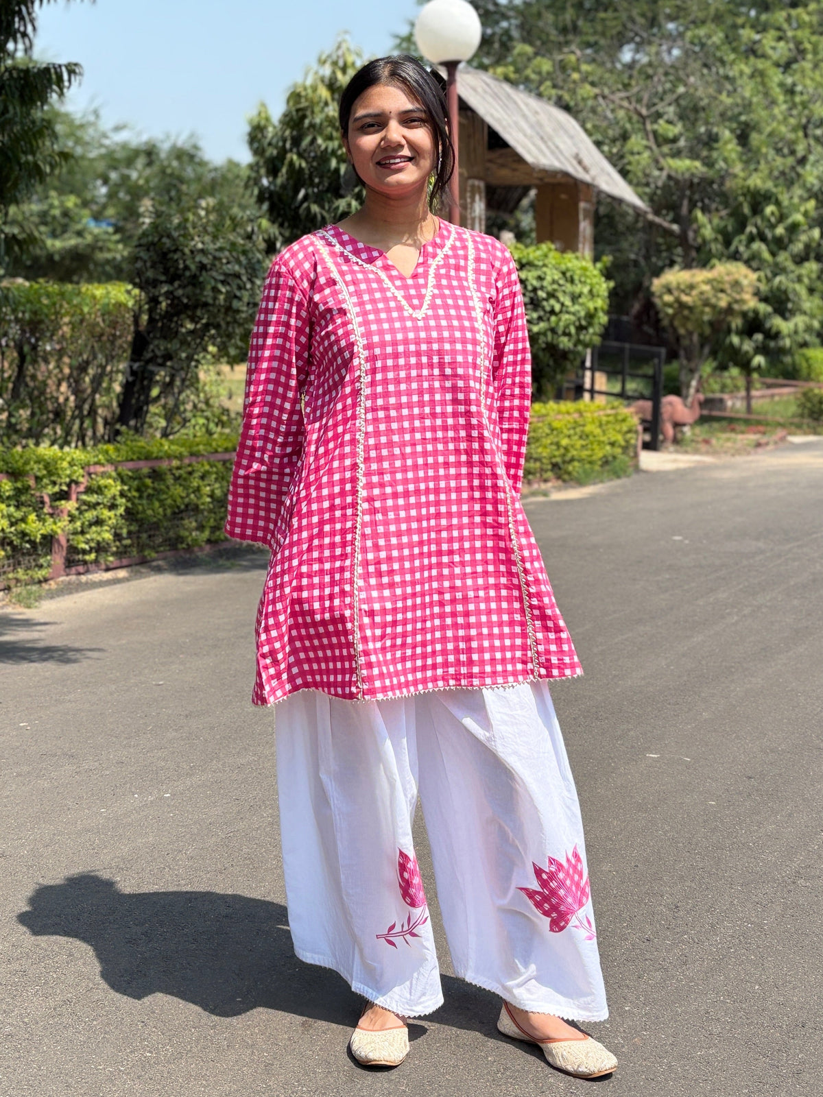 Pink Gingham Festive Palazzo Farshi set