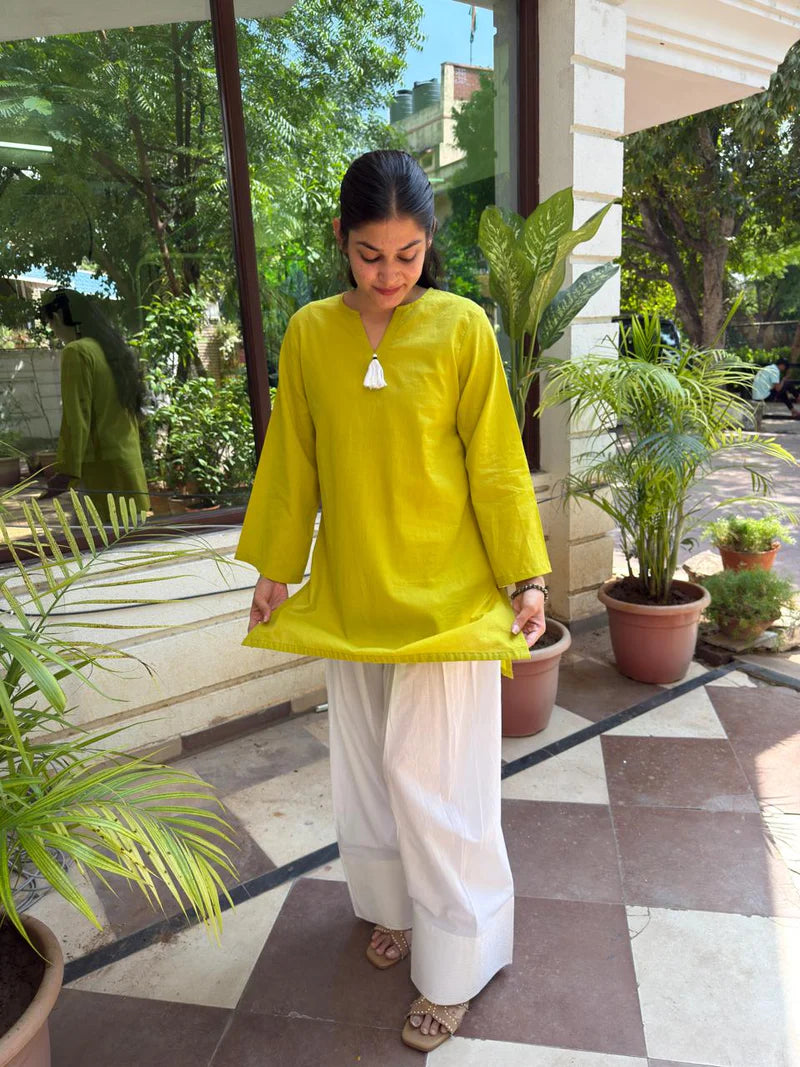 Lime Green Off White Contrast Farshi and Shirt Matching Couple Set