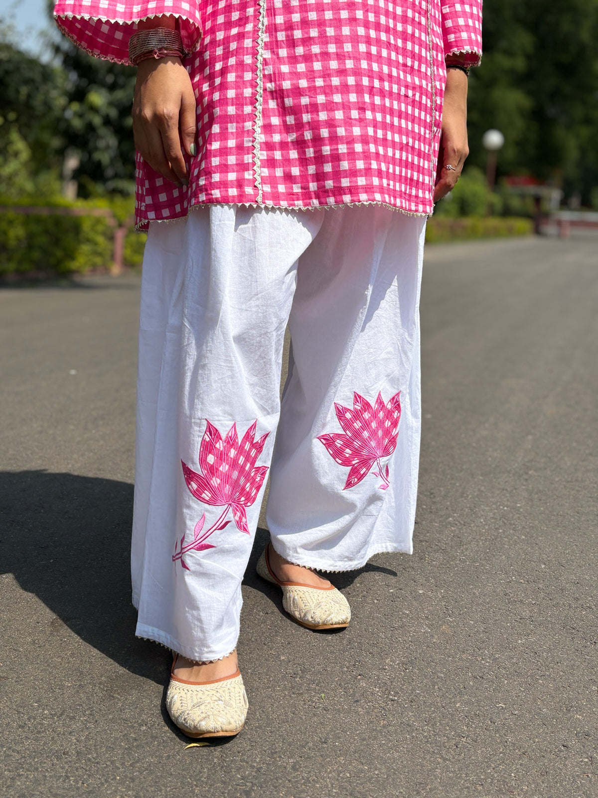 Pink Gingham Festive Palazzo Farshi set