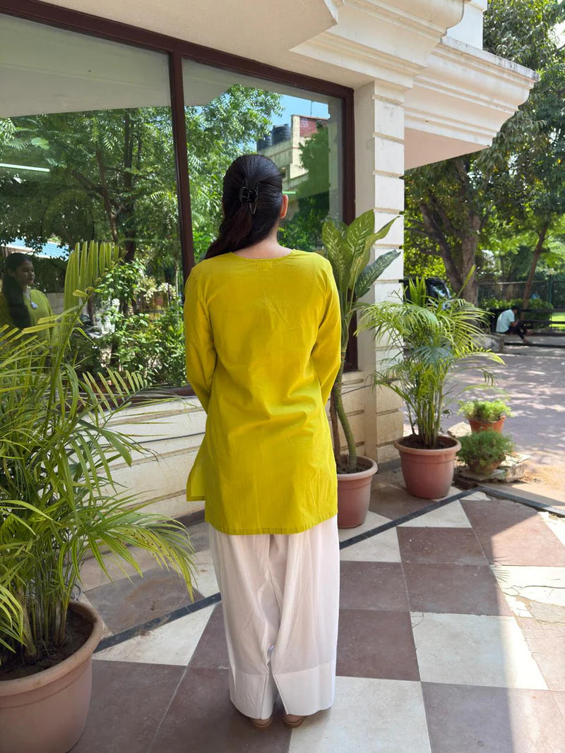 Lime Green Off White Contrast Farshi and Shirt Matching Couple Set