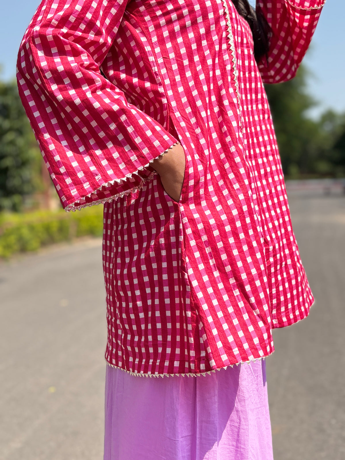 Red Pink Gingham Festive Palazzo Farshi set