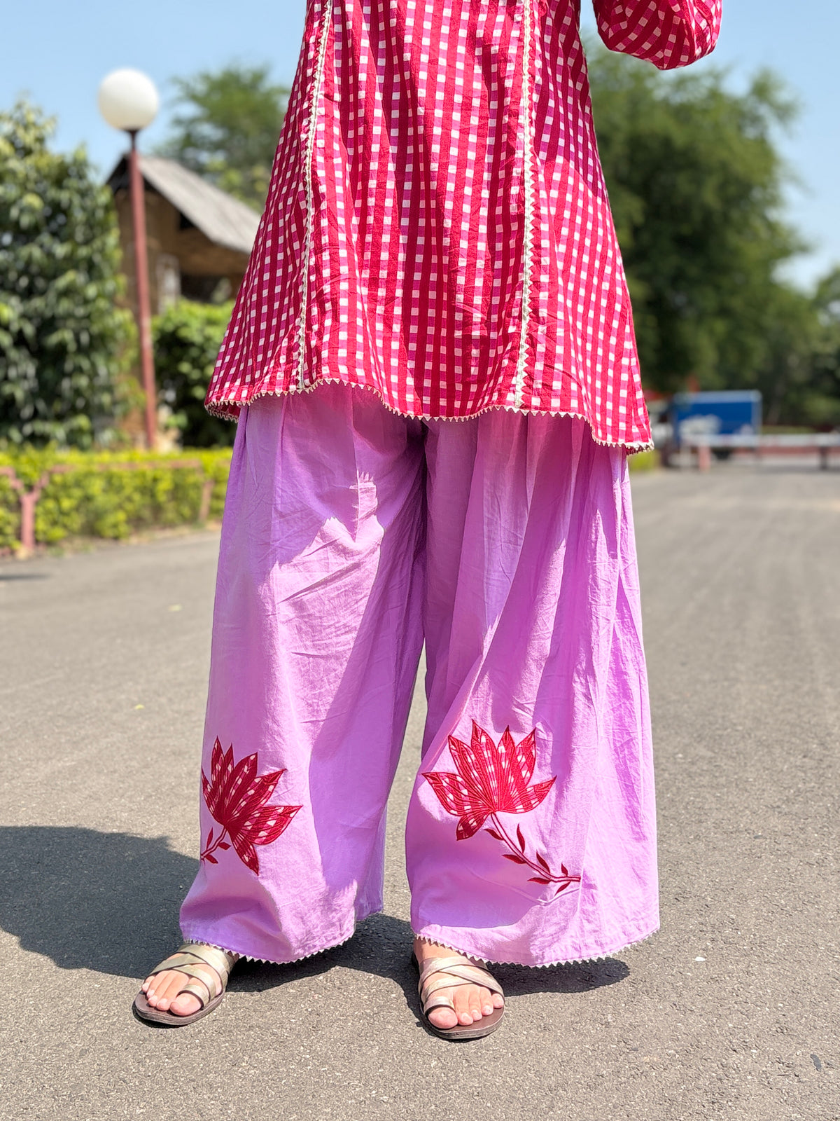 Red Pink Gingham Festive Palazzo Farshi set