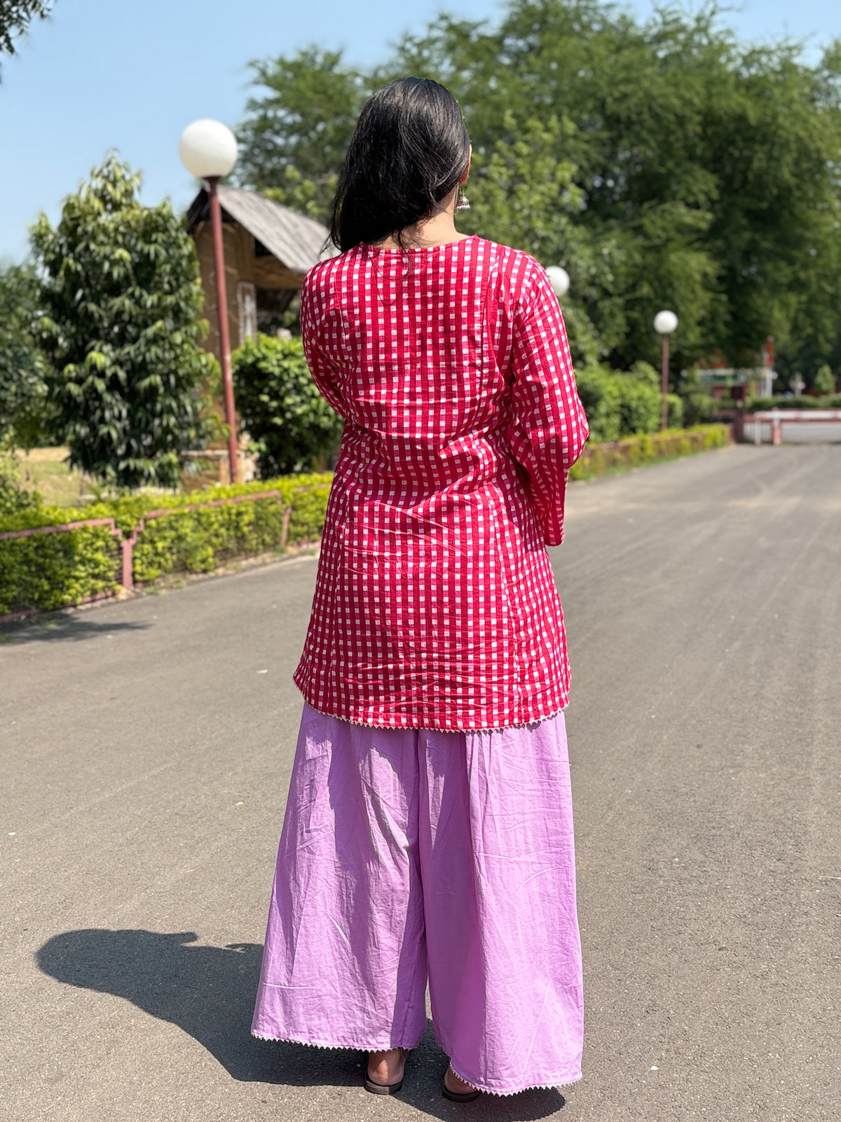 Red Pink Gingham Festive Palazzo Farshi set