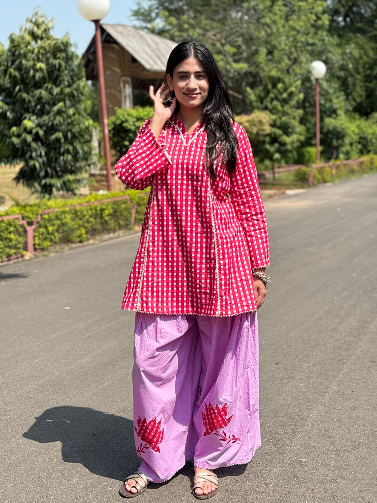 Red Pink Gingham Festive Palazzo Farshi set