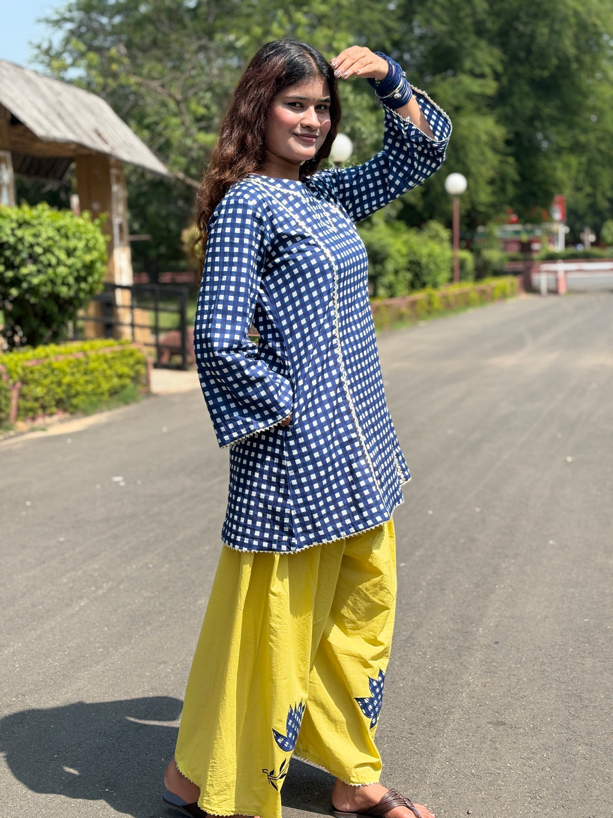 Blue Gingham Festive Palazzo Farshi set
