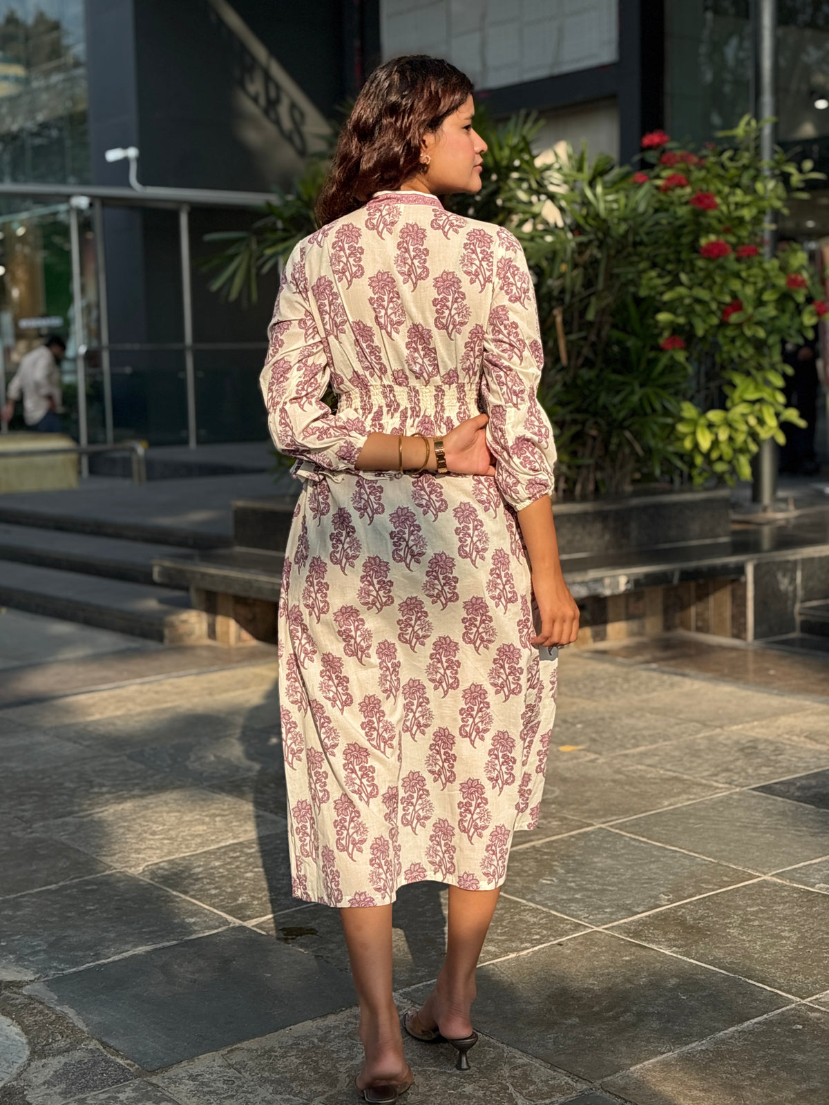 Hand-blocked White & Purple Elasticated Long Dress