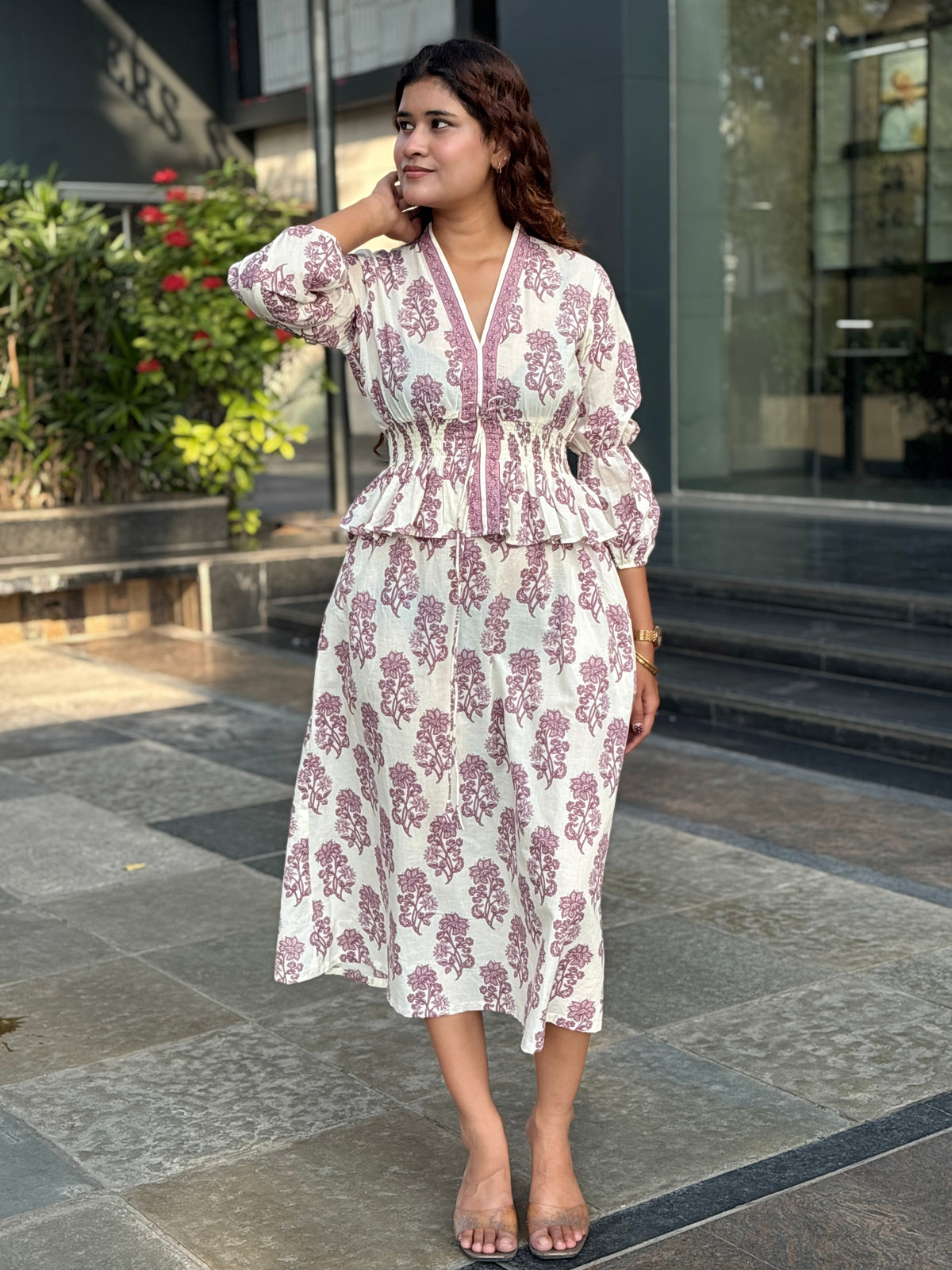 Hand-blocked White & Purple Elasticated Long Dress