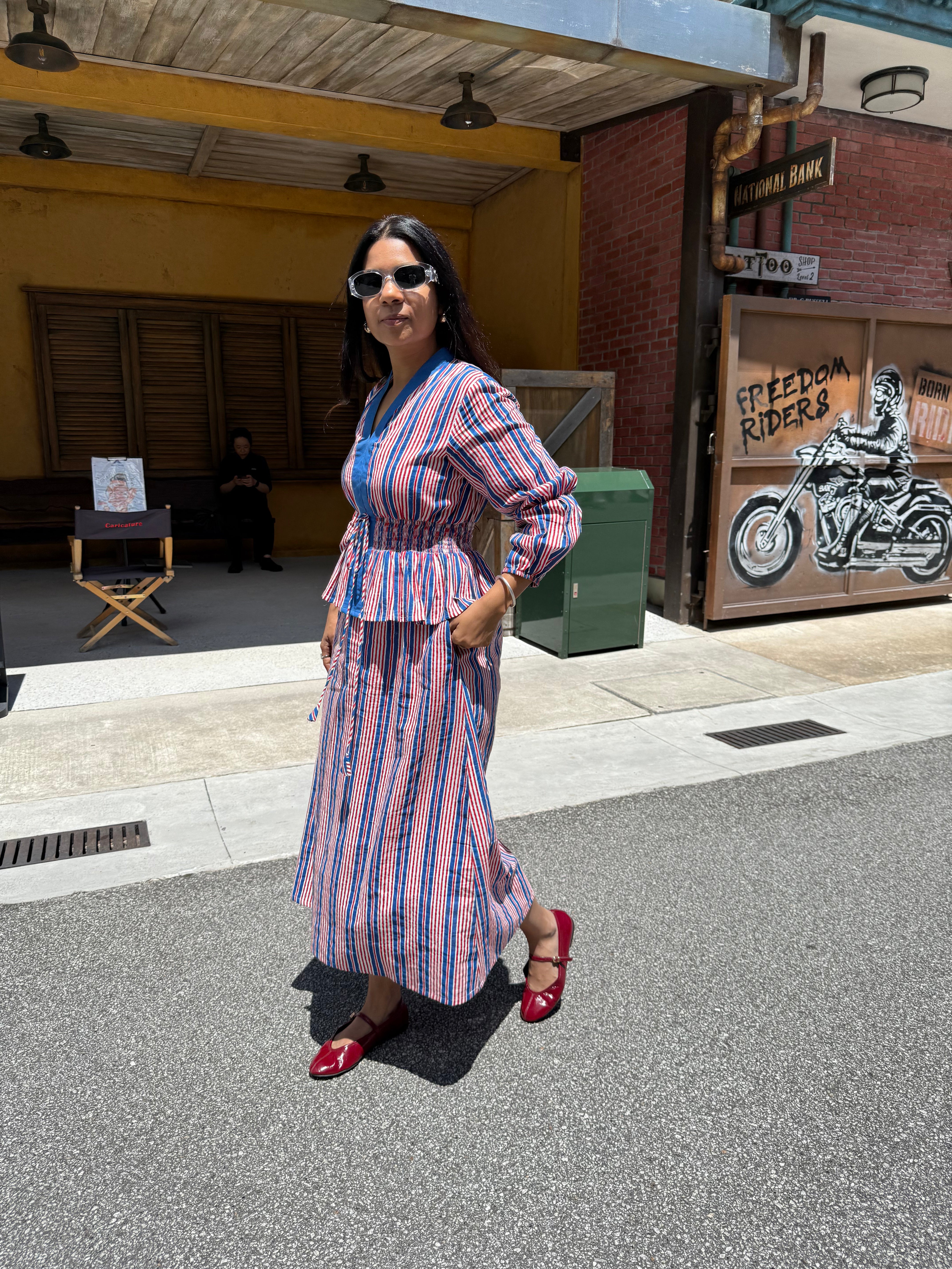 Red blue Striped Elasticated Long Dress