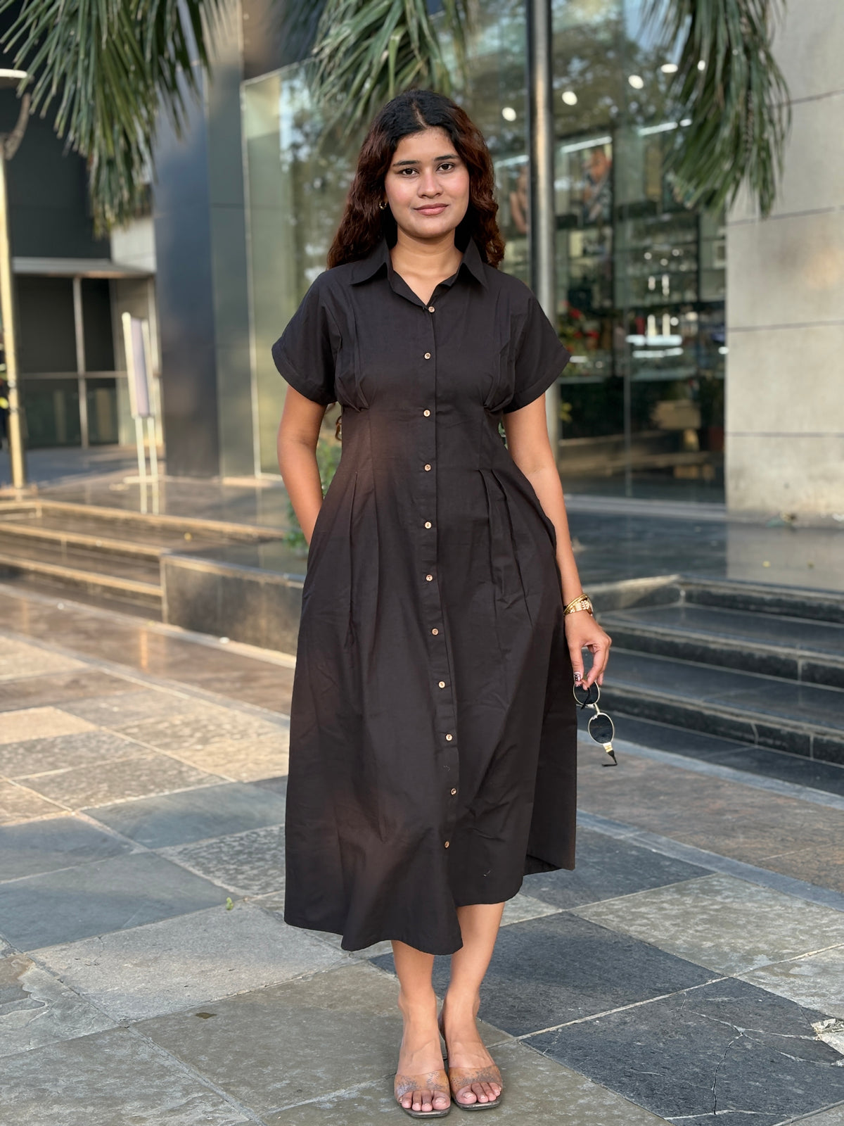 Black Poplin fitted waist Dress