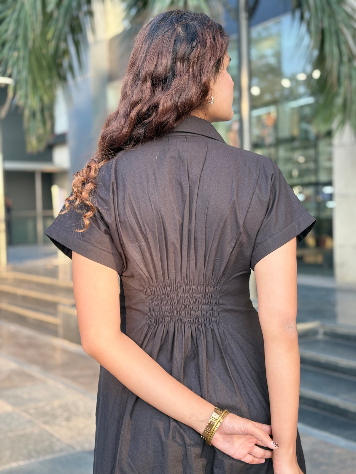 Black Poplin fitted waist Dress