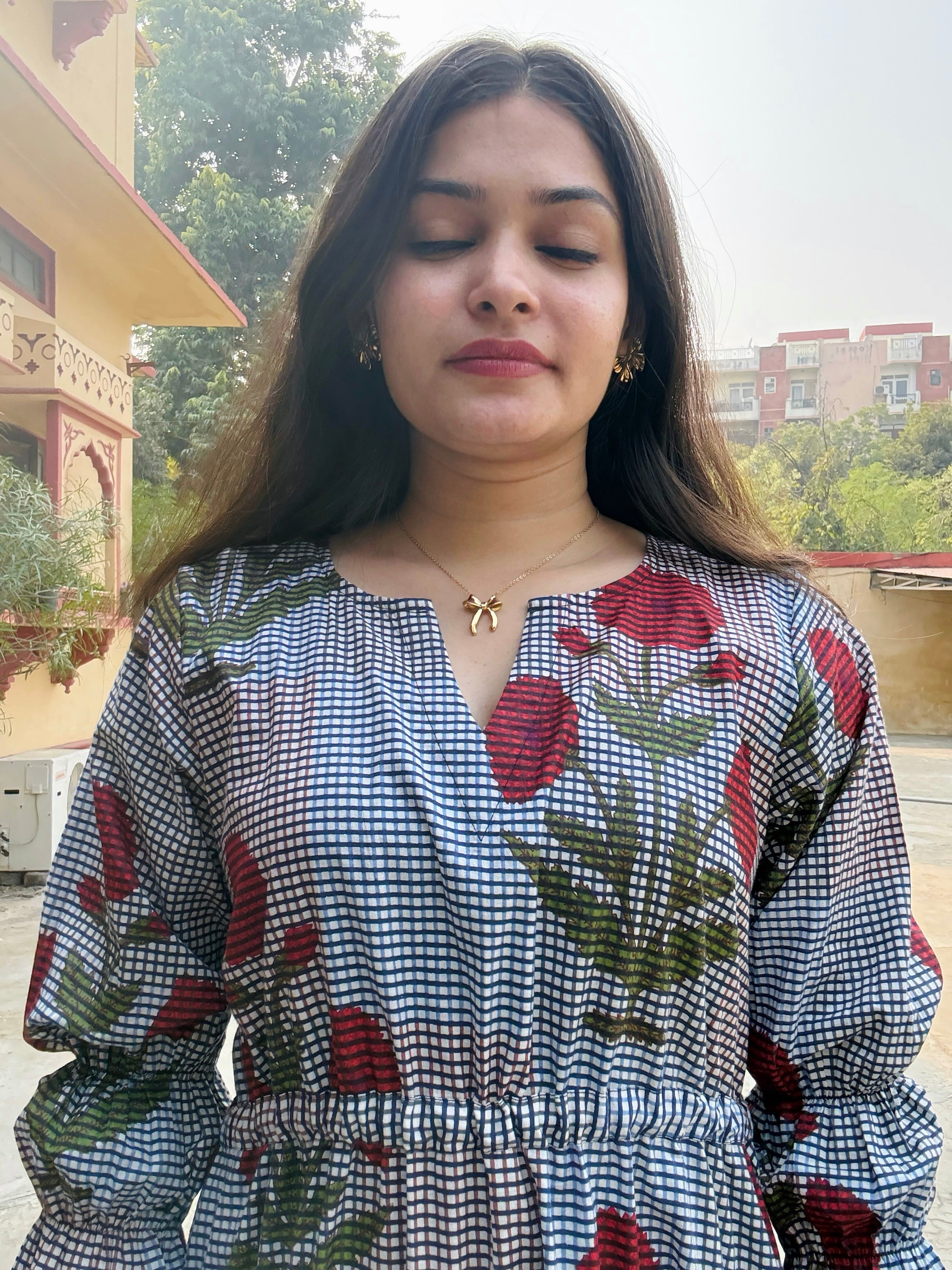 Floral checked dress with drawstring waist