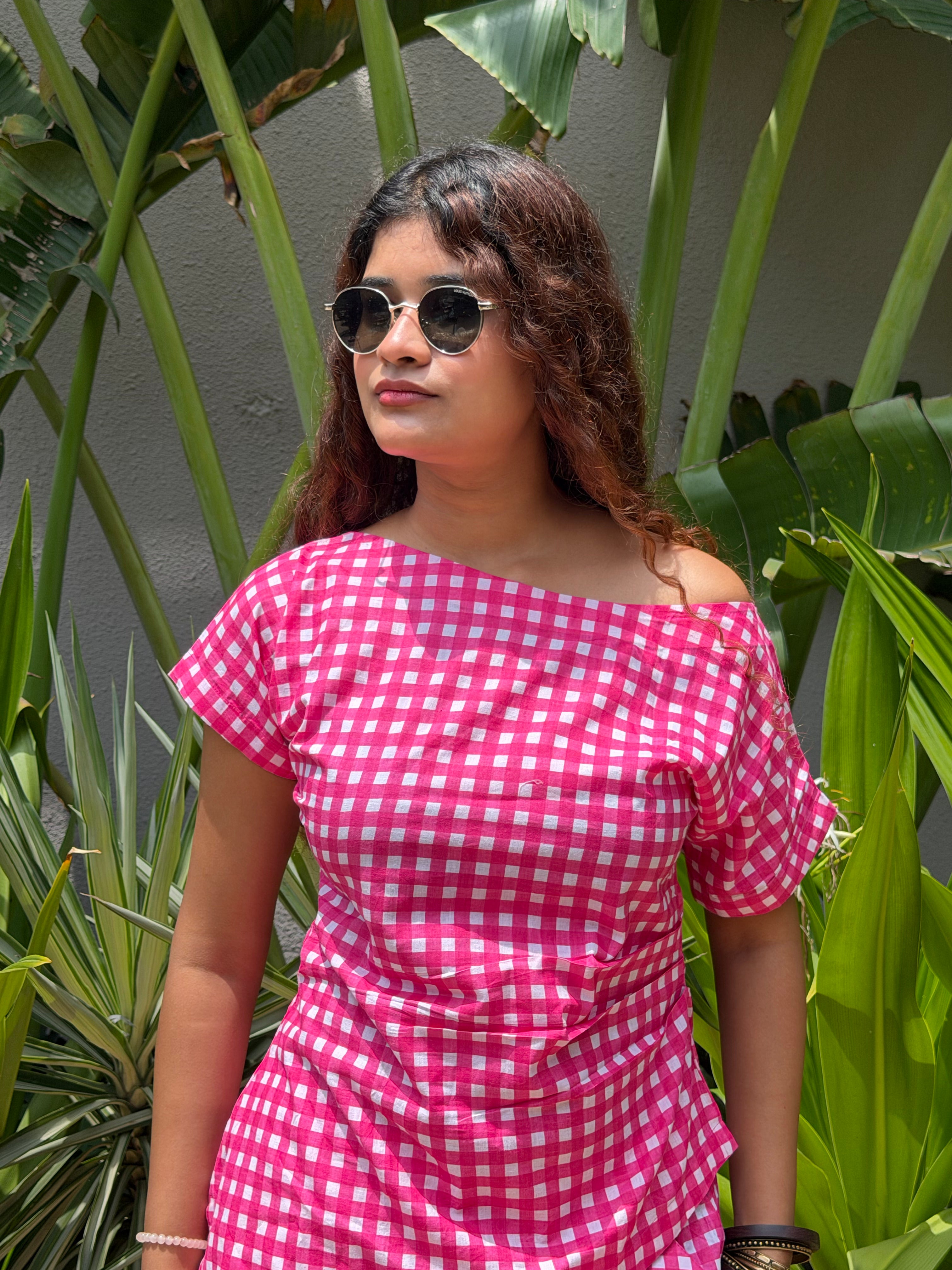 Pink Gingham drop shoulder top