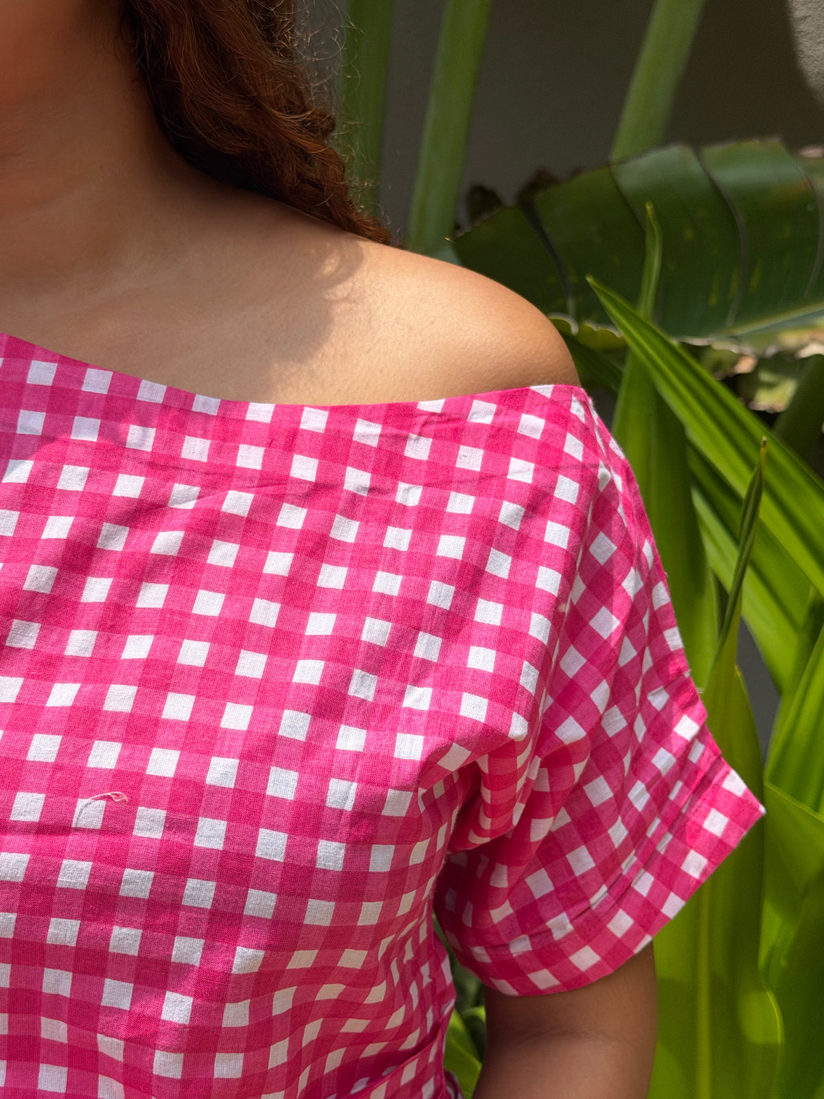 Pink Gingham drop shoulder top