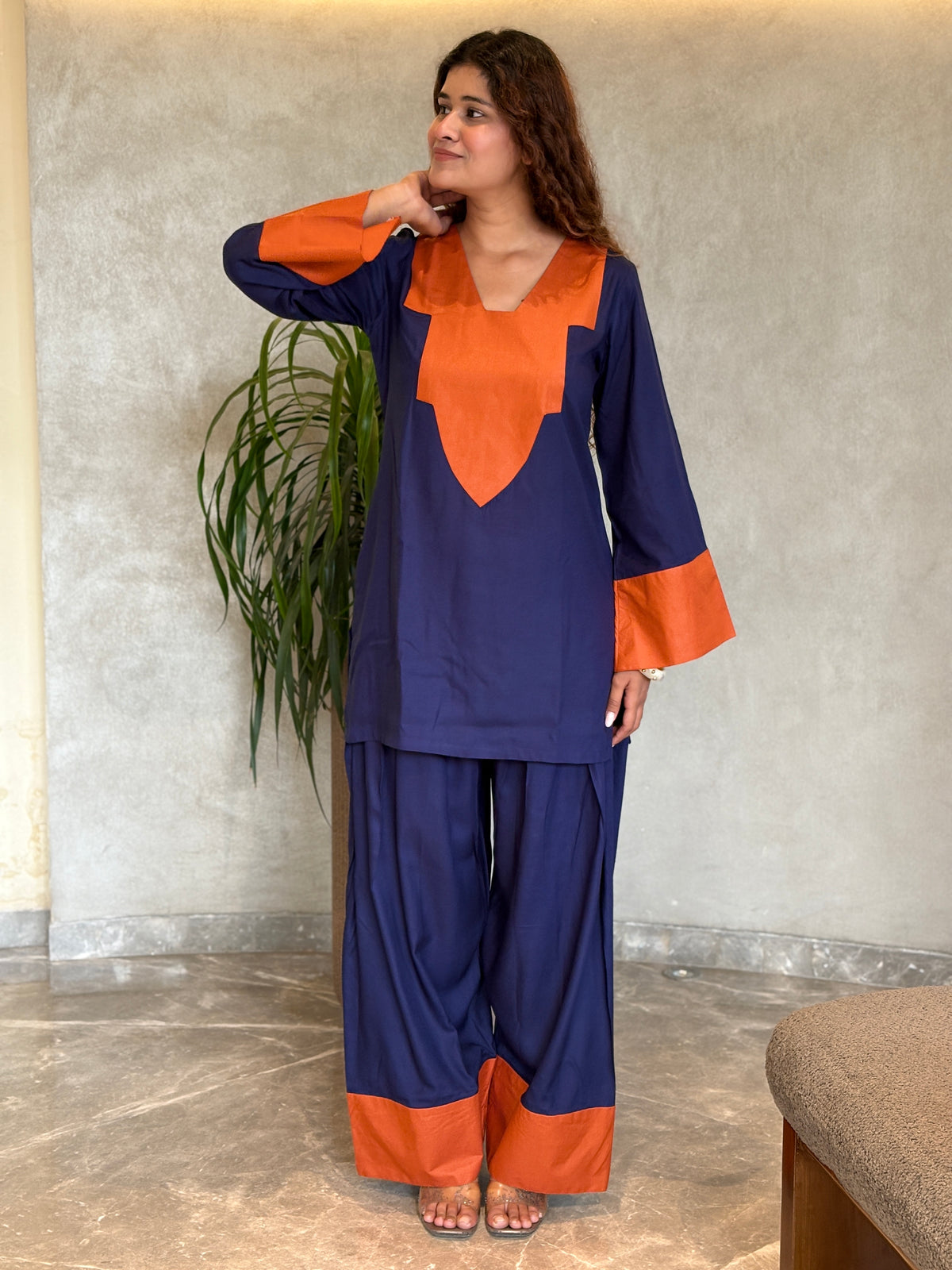 Navy Blue Tan Contrast Patch Farshi Set