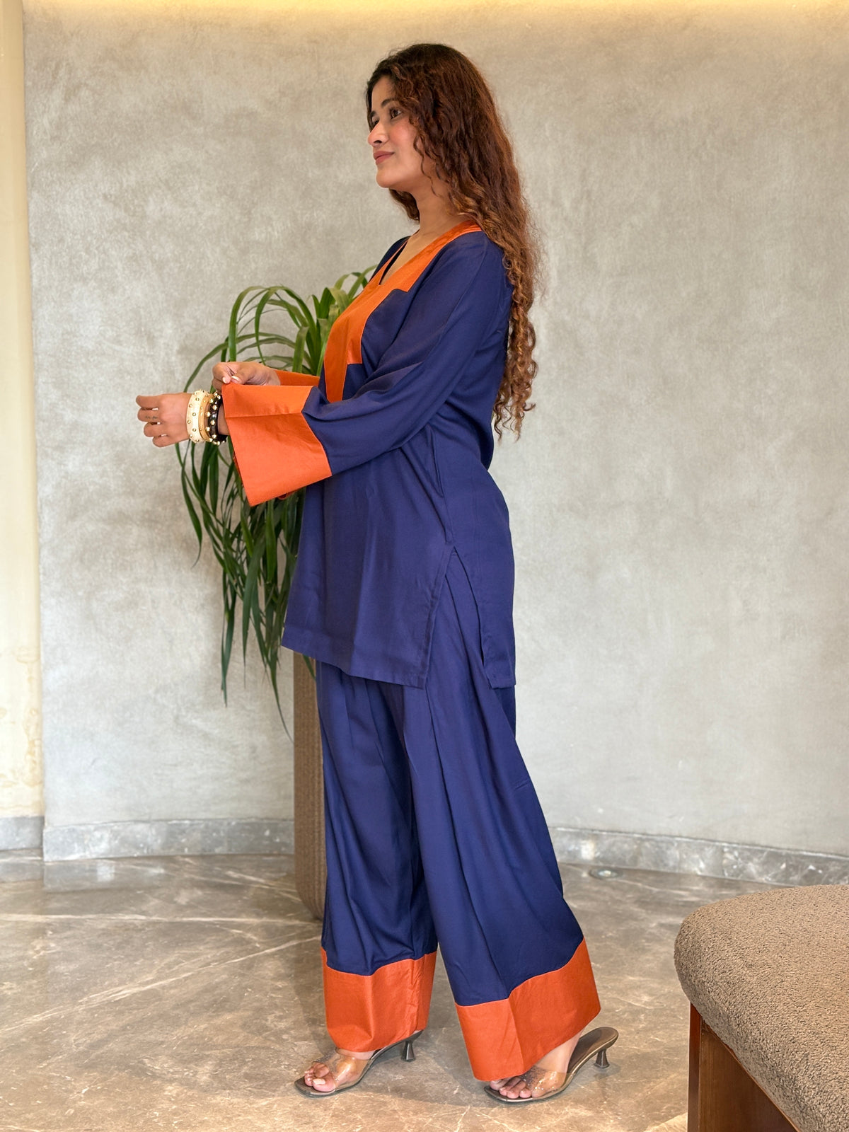 Navy Blue Tan Contrast Patch Farshi Set