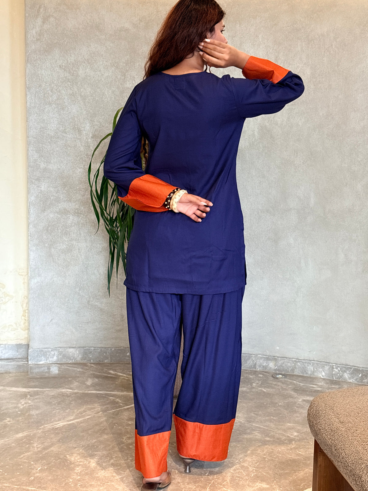 Navy Blue Tan Contrast Patch Farshi Set