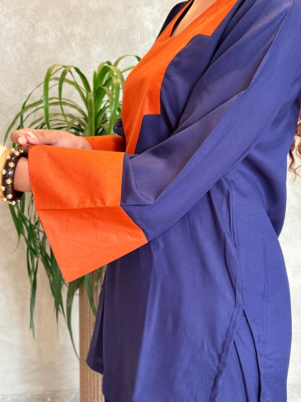 Navy Blue Tan Contrast Patch Farshi Set