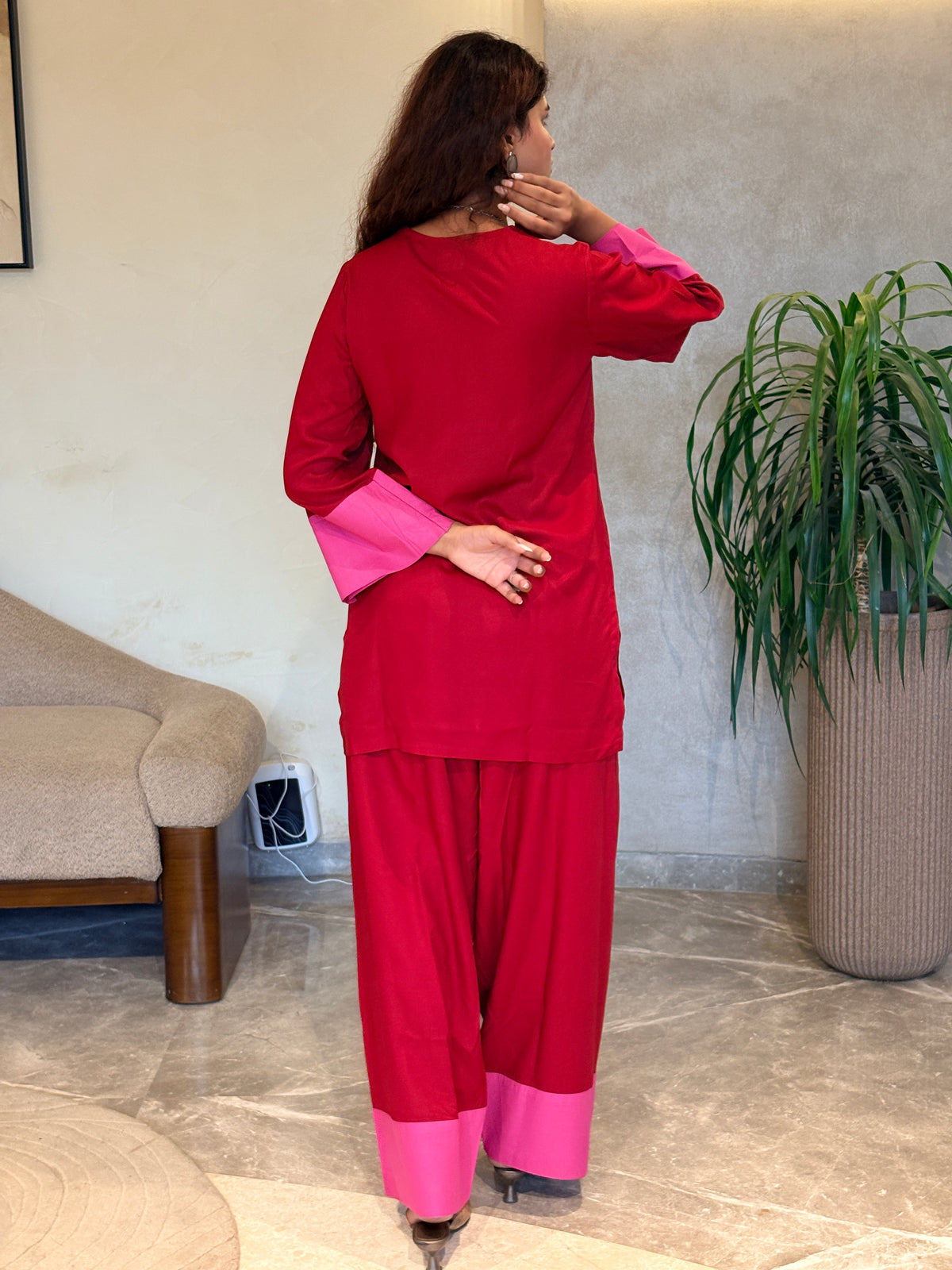 Cherry Red Pink Contrast Patch Farshi Set