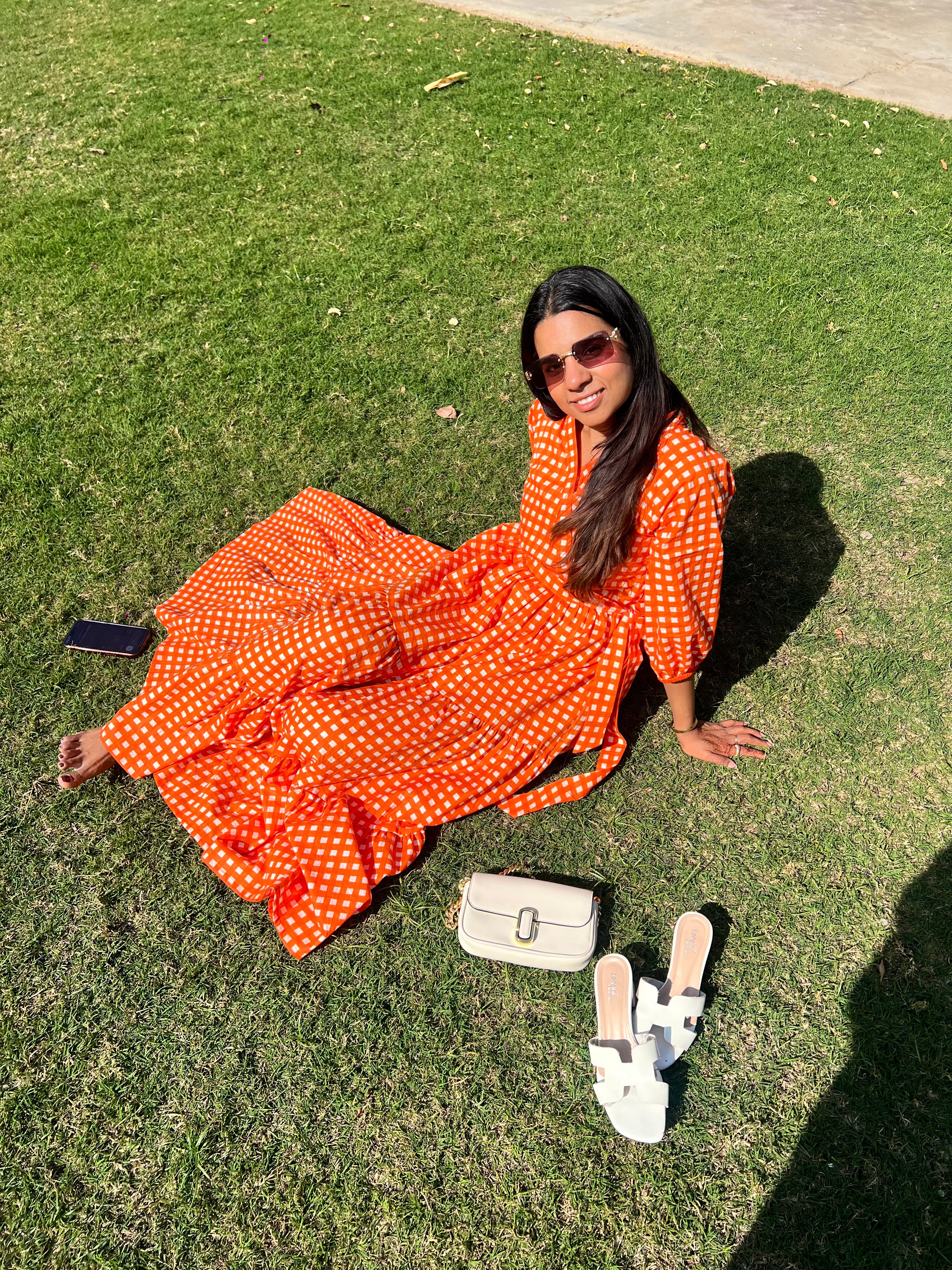 Orange Gingham Tiered Long Dress