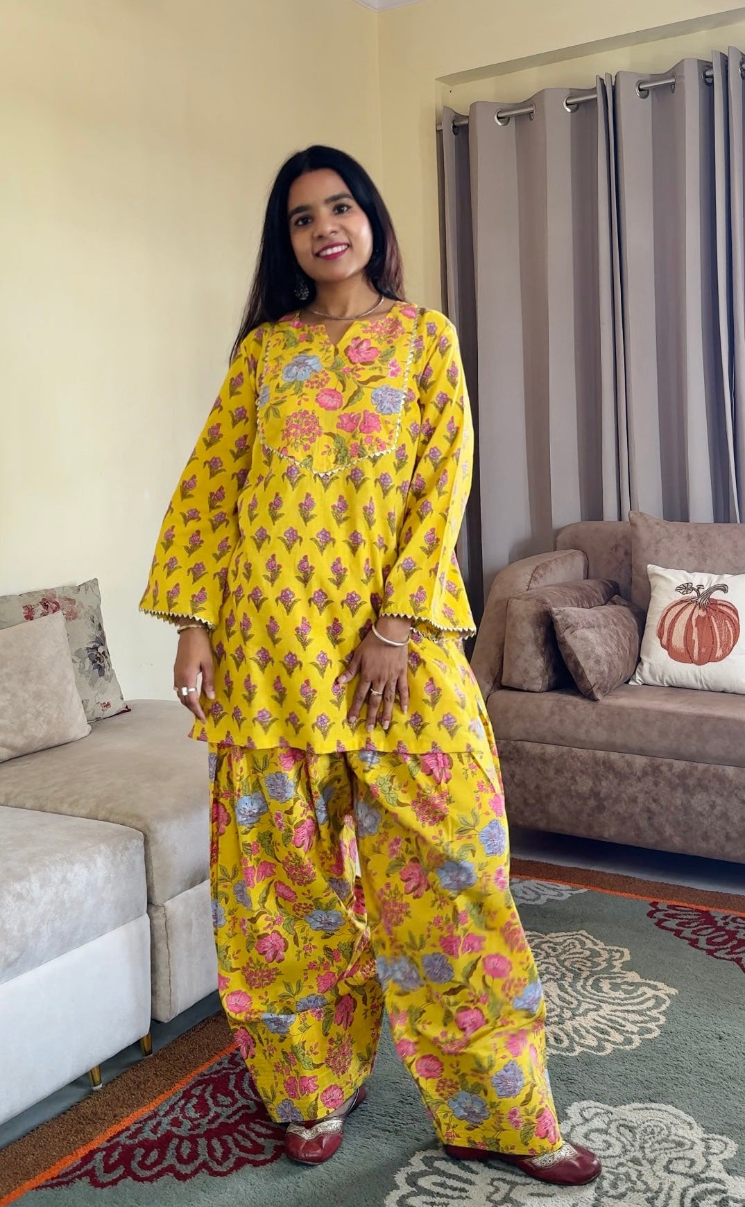 Yellow Everyday Printed Cotton Farshi Salwar Set