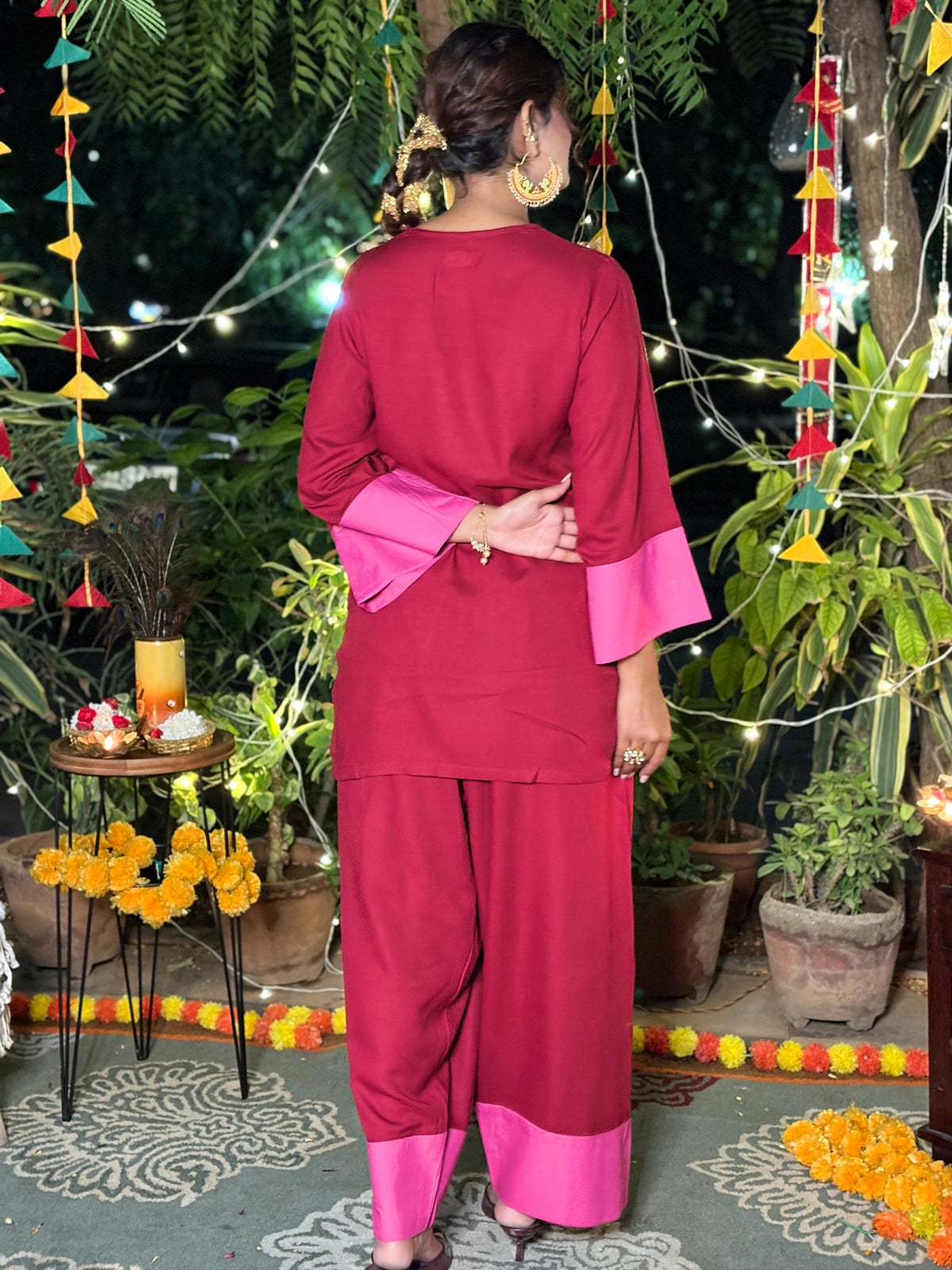 Red Pink Festive Rayon Farshi Set