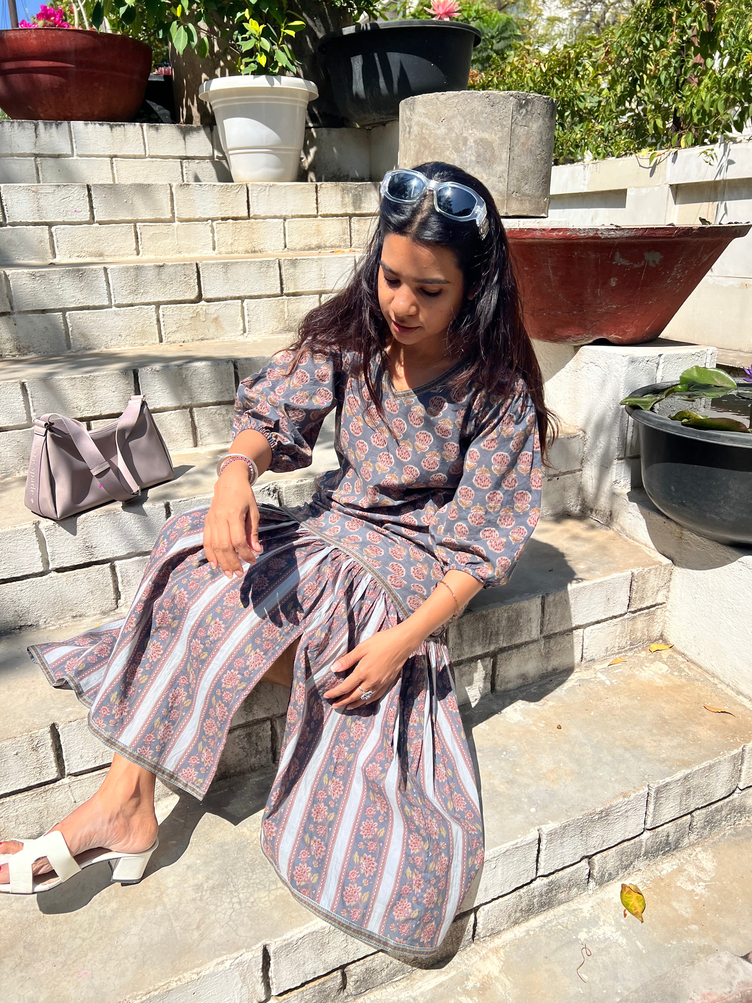 Handblock Tiered Dress with slit in Dusty Grey