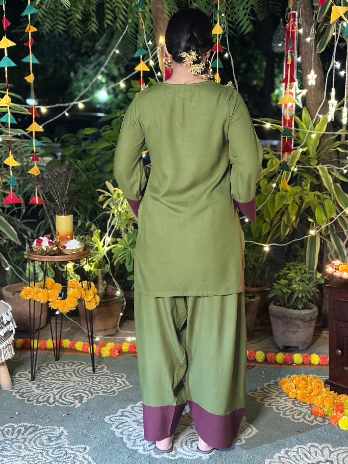 Olive Burgundy Festive Rayon Farshi Set