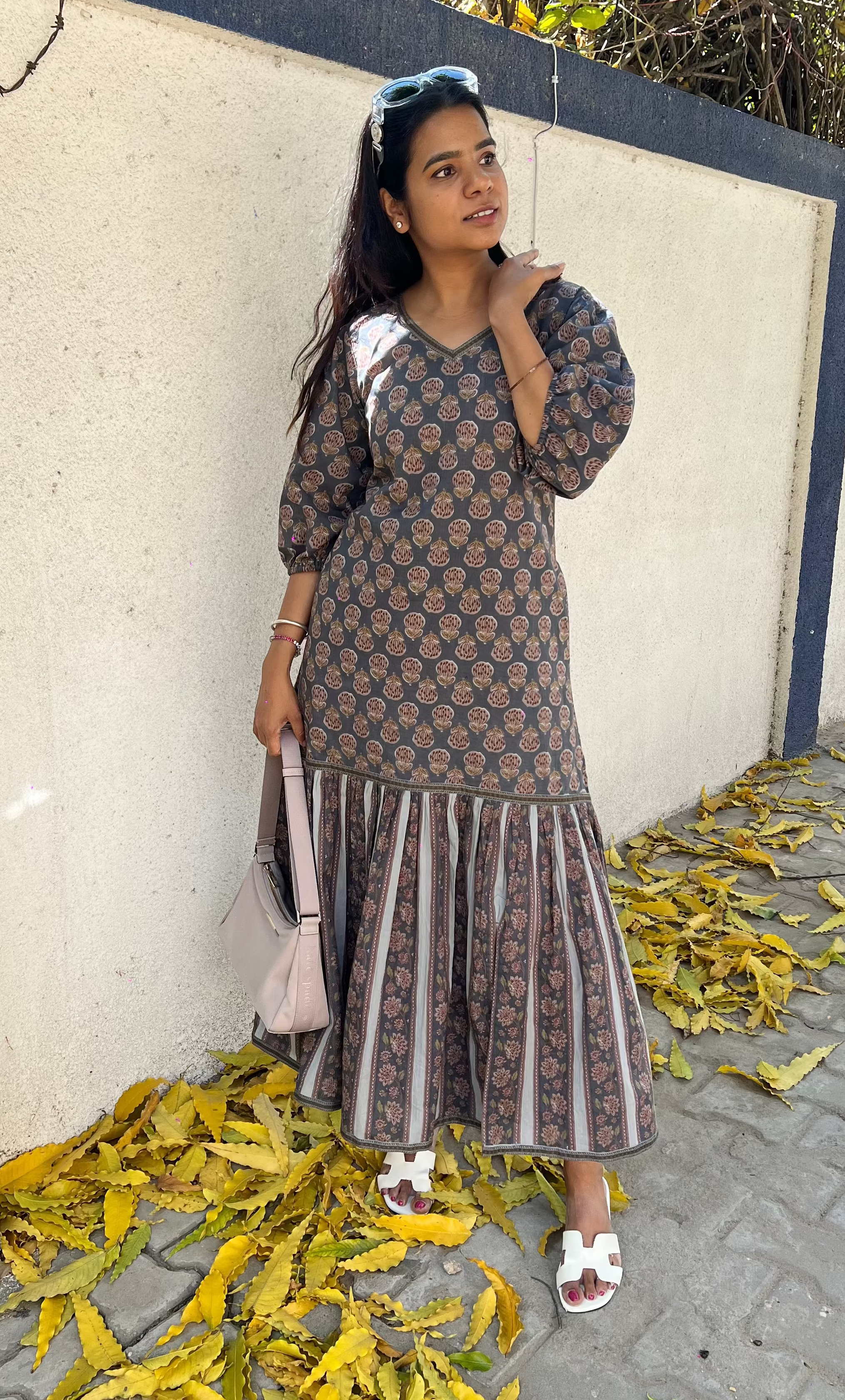 Handblock Tiered Dress with slit in Dusty Grey