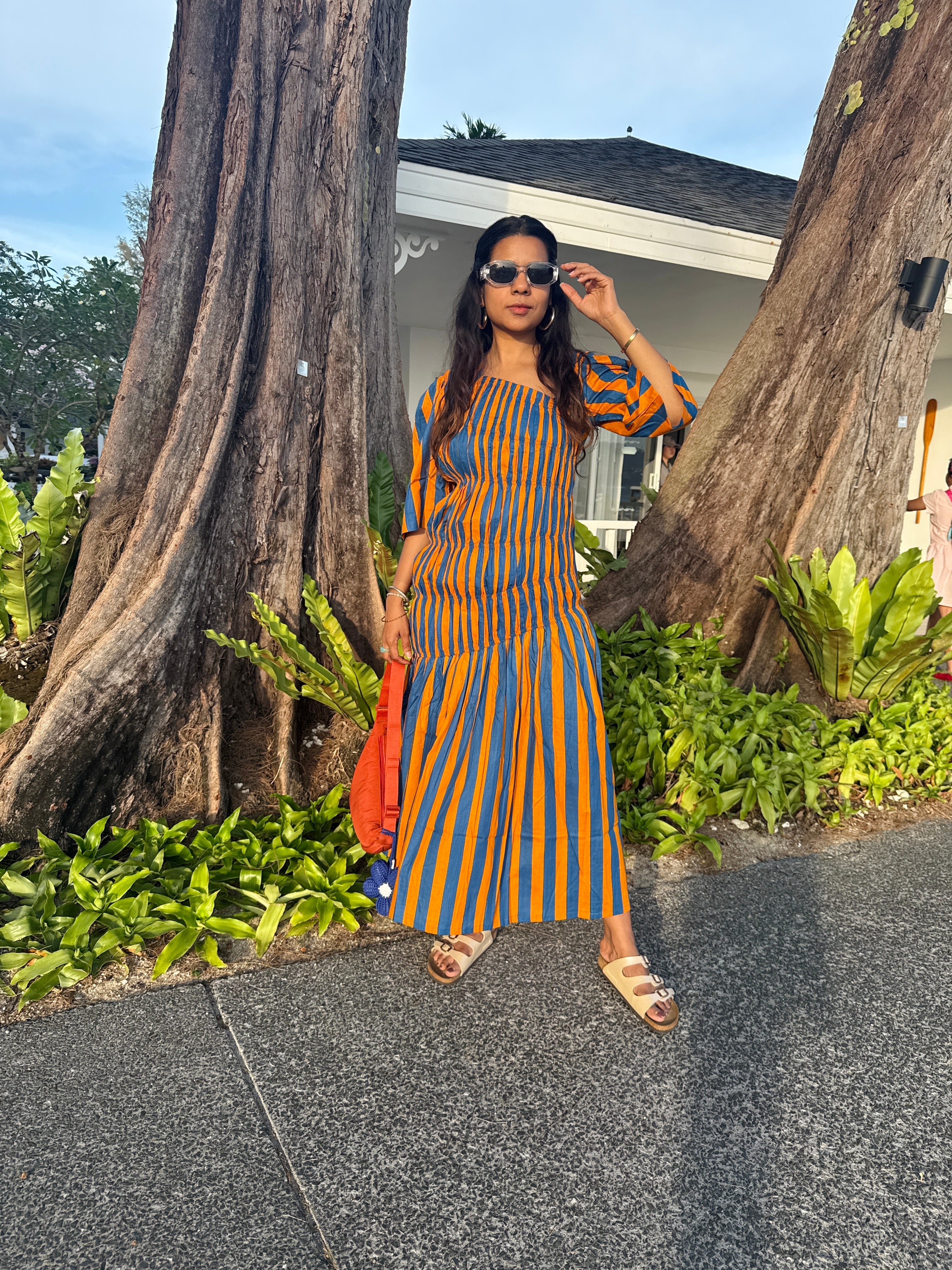 Elasticated Blue & Orange Striped Midi Dress