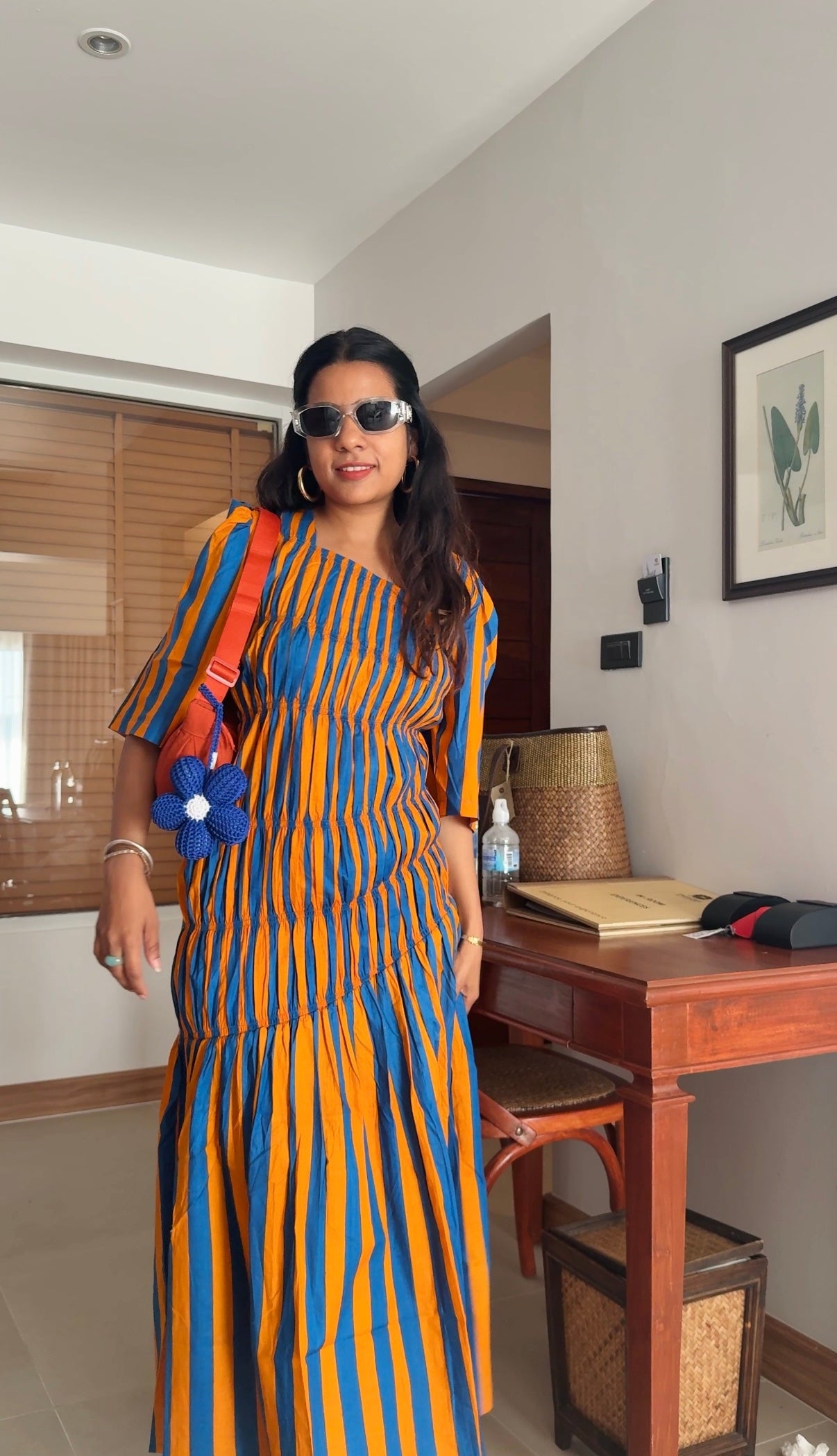 Elasticated Blue & Orange Striped Midi Dress