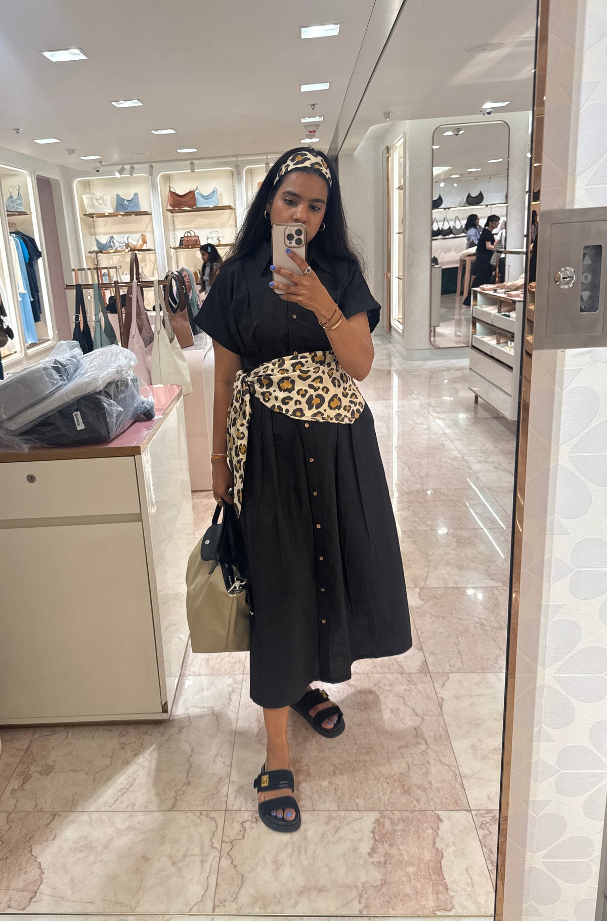 Black poplin fitted waist dress with leopard scarf & headband
