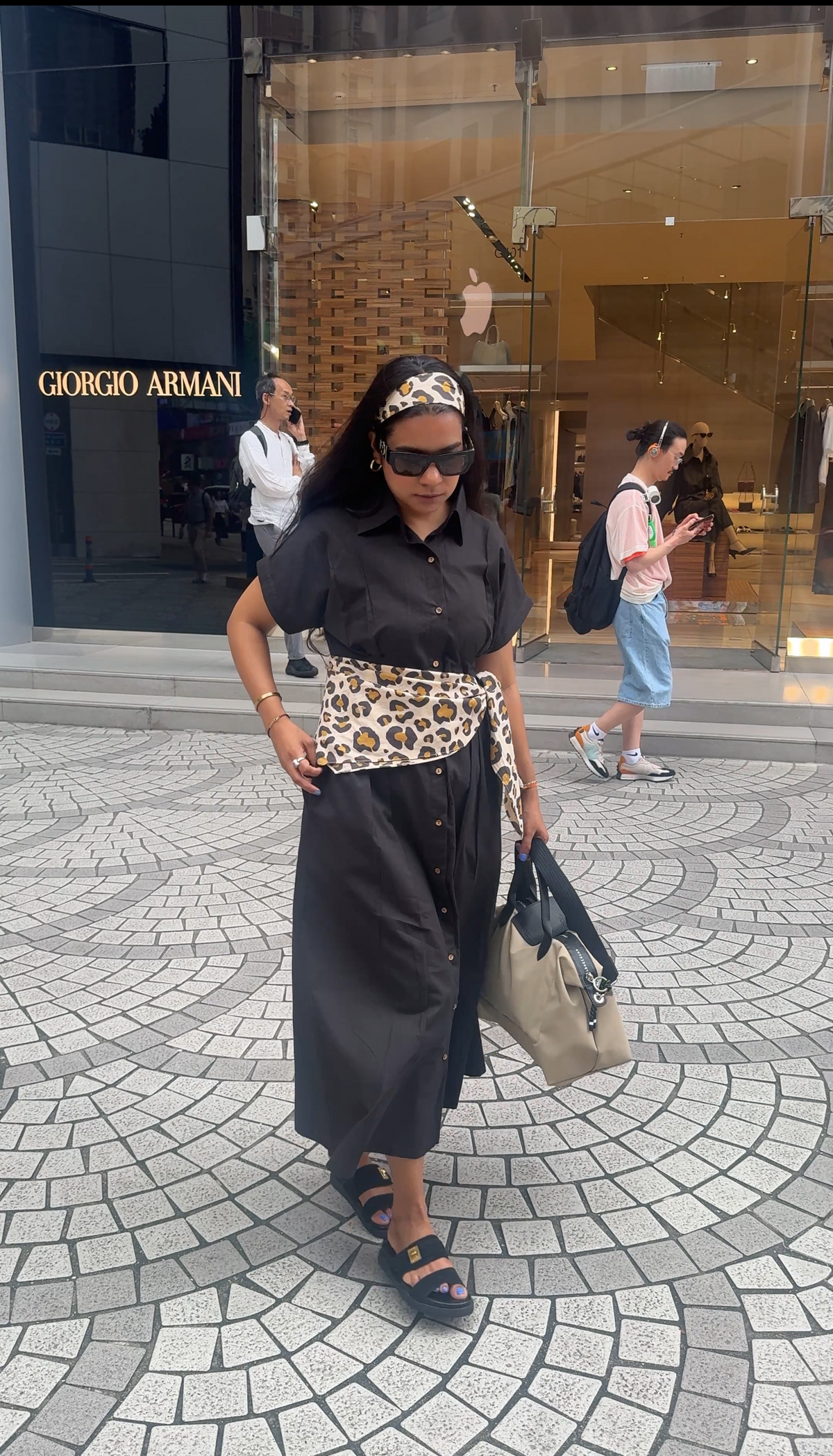 Black poplin fitted waist dress with leopard scarf & headband