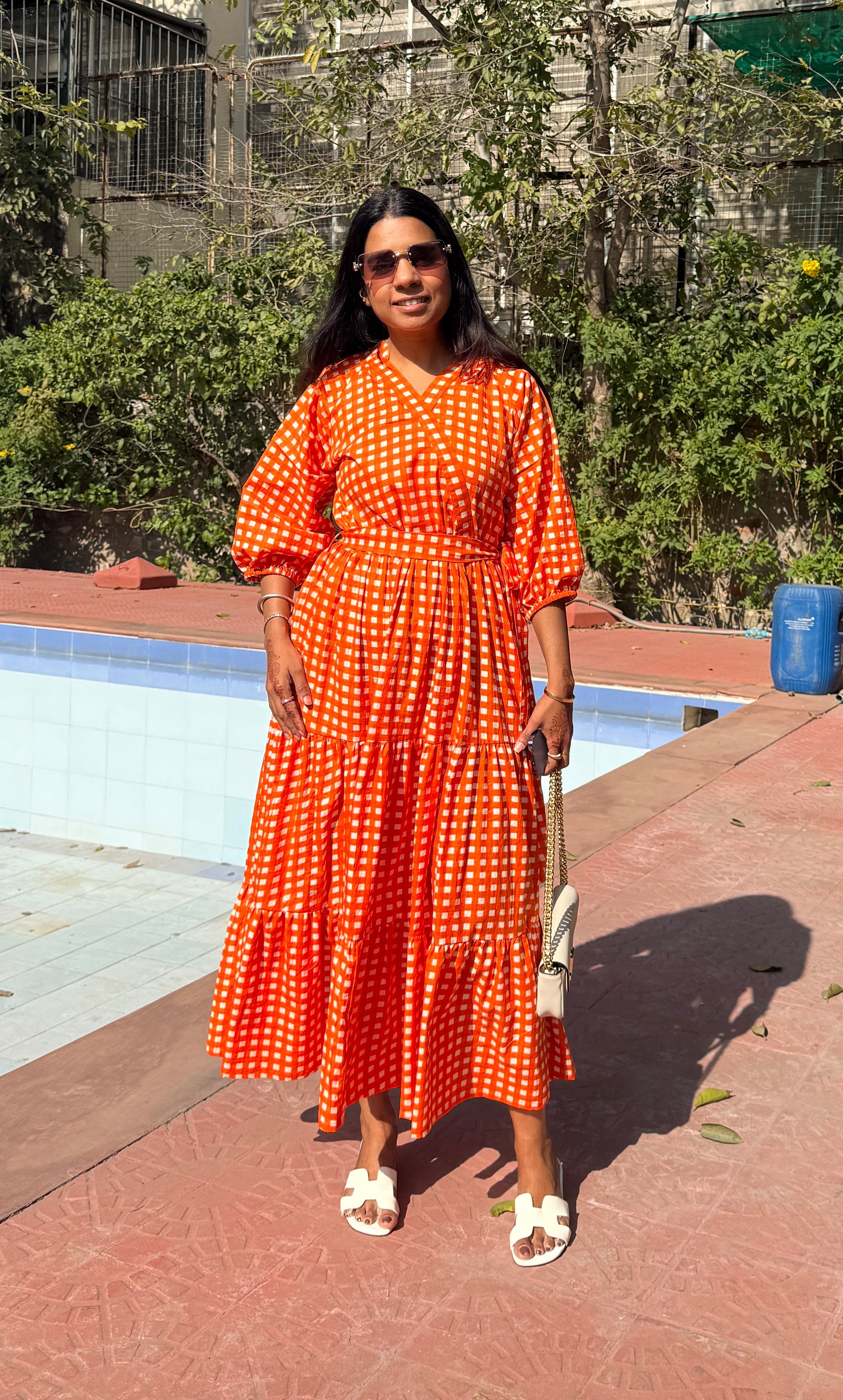 Orange Gingham Tiered Long Dress